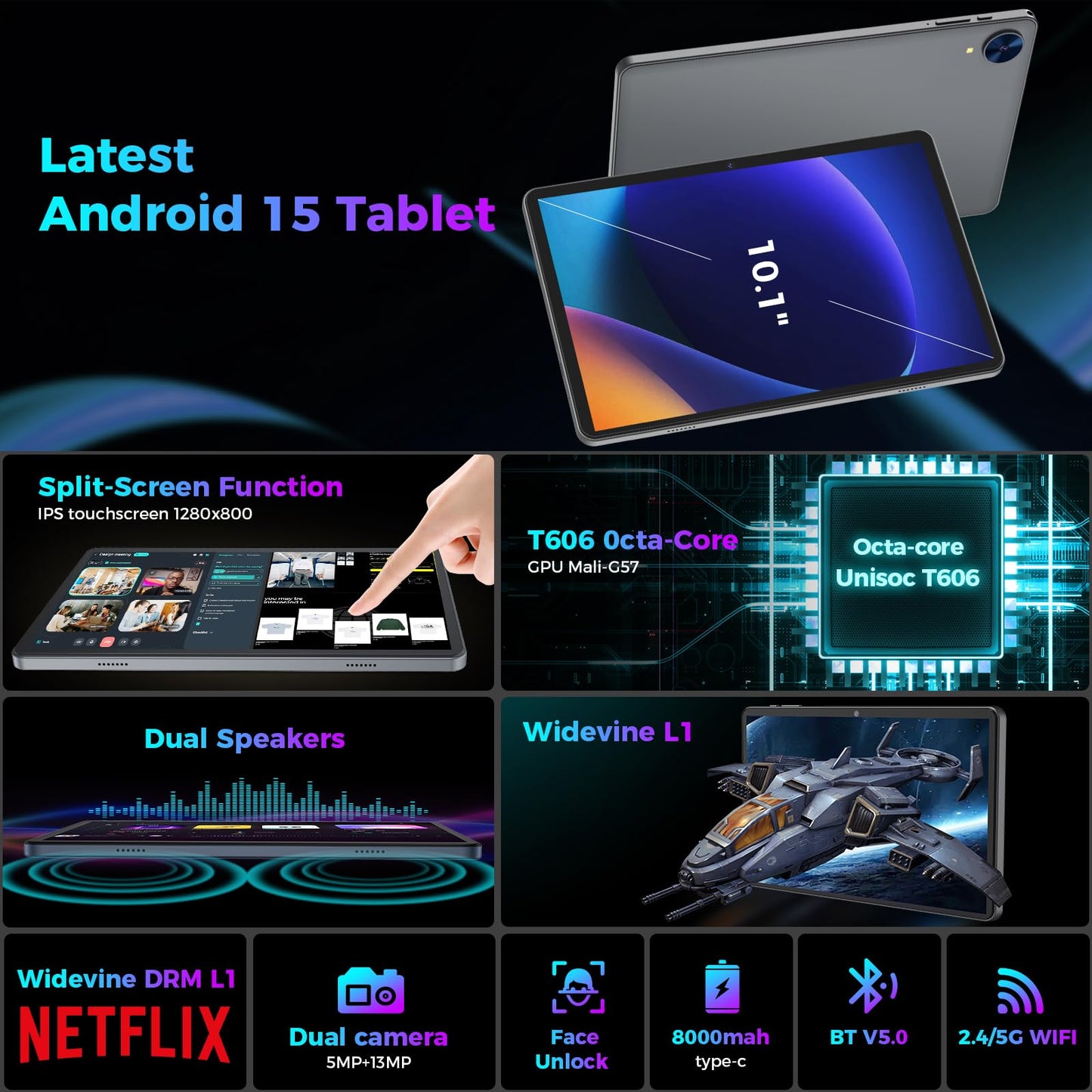 Android 15 Tablet with Keyboard, 26GB RAM, 256GB ROM(2TB Expand), 10.1 inch Octa-Core Tablets, 5G/2.4G WiFi, 8000mAh Battery, BT 5.0, GMS Certified, with Mouse, Case, Stylus, Split screen(Black Case)