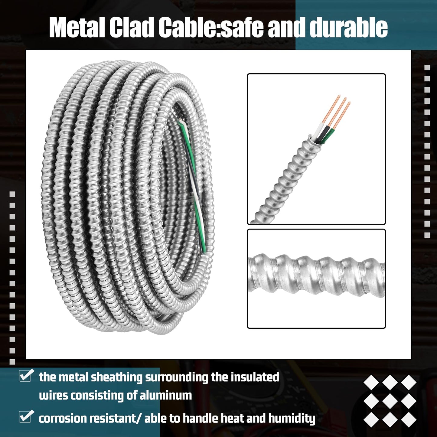 Kingdder Metal Clad Cable, Wire with Ground, Cable with Aluminum Armor, Stranded Solid Copper Conductors, Ground Wire Solid for Indoor Outdoor Underground Embedded Installation(14/2, 50 ft)
