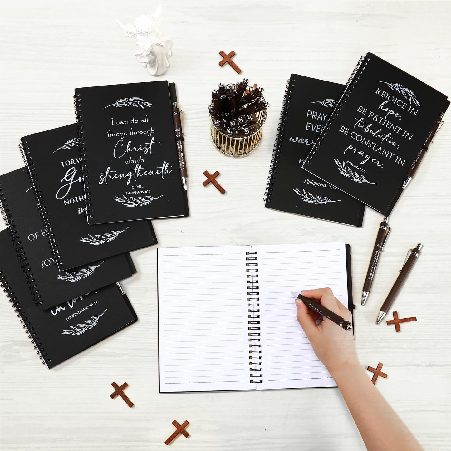 Kosiz 160 Pcs/ 80 Set Christian Gift Bulk A5 Spiral Notebook 5.5"x8.3" Christian Notebook Prayer Journal Bible Verse Ballpoint Pen Religious Christmas Church Gift for Women Sunday School Family (Black)