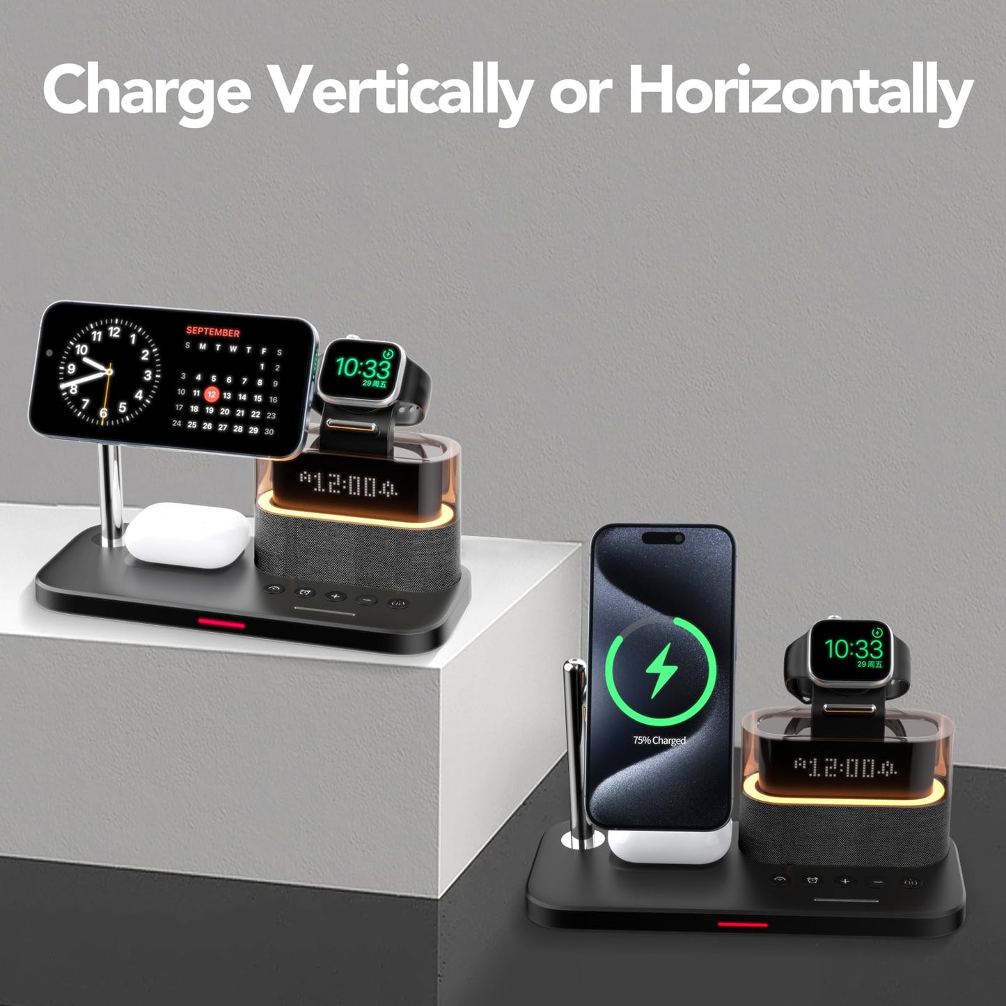 5 in 1 Wireless Charging Station for Apple,Mag-Safe Charger with Alarm Clock Night Light for Multiple Devices,Nightstand Charging Station for iPhone 17/16/15/14/13/12,Apple Watch Series,Air-Pods