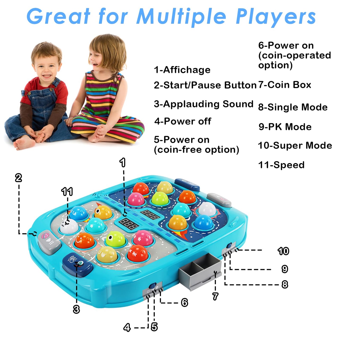 Pafolo Whack Mole Game for Toddlers, Large Batting Toy 11 x 15 Inch with Sound and Light, Interactive Batting Toy for Kids, 9 Speeds for Beginners, Blue