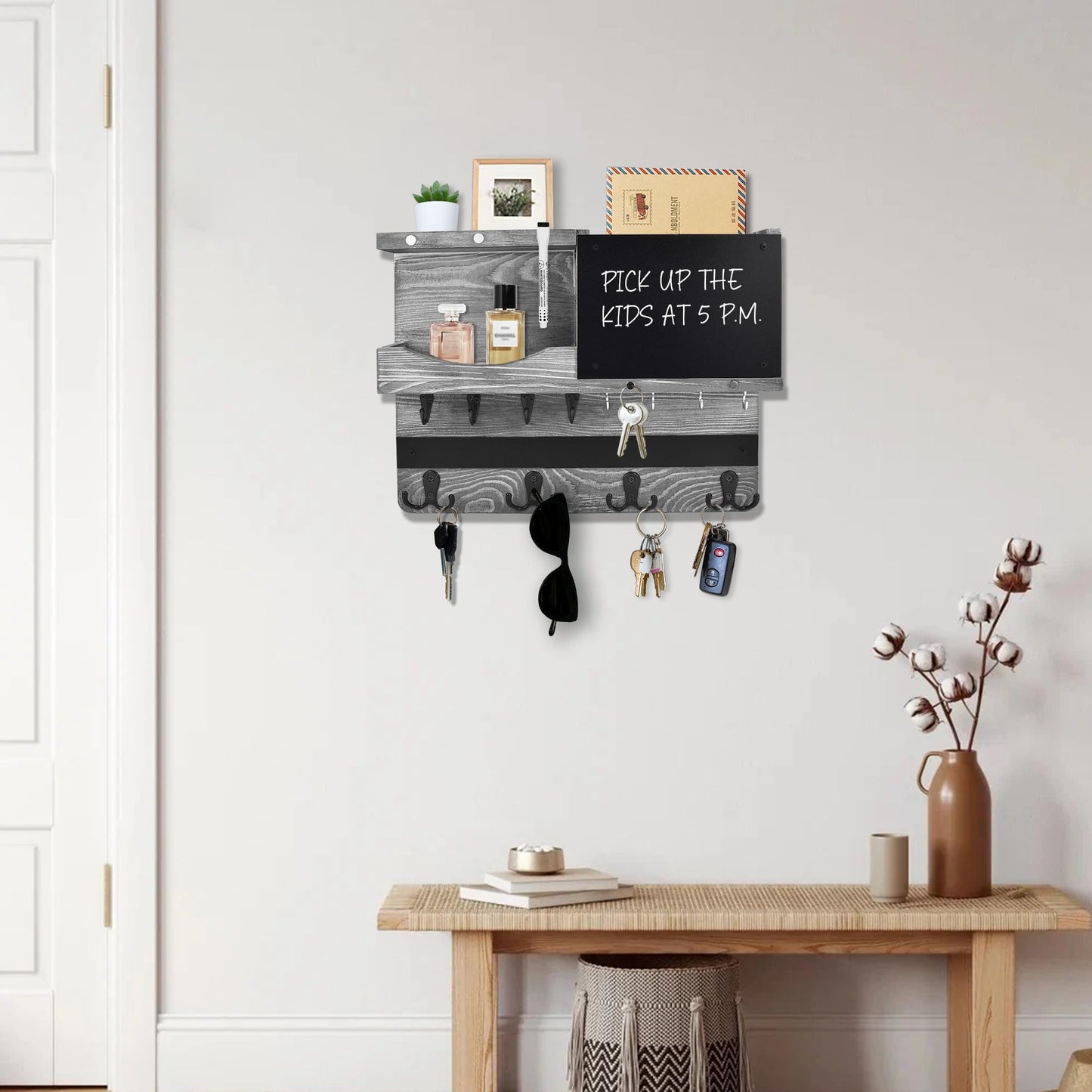 HEKOOLA Key Holder for Wall Mount with Shelf and Mail Organizer, Key and Mail Holder with 16 Hooks, Farmhouse Entryway Organizer, Home Decor Rack(Pine Wood,Washed Gray)
