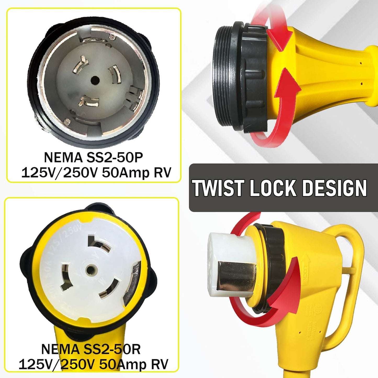 90 Degree 50 Amp RV Twist Lock Plug, NEMA SS2-50P to SS2-50R RV Adapter, 1.5ft Heavy Duty Extension Cord Adapter with 50Amp Power Locking Male and 50 Amp 90 Degree Locking Female Ends, Yellow