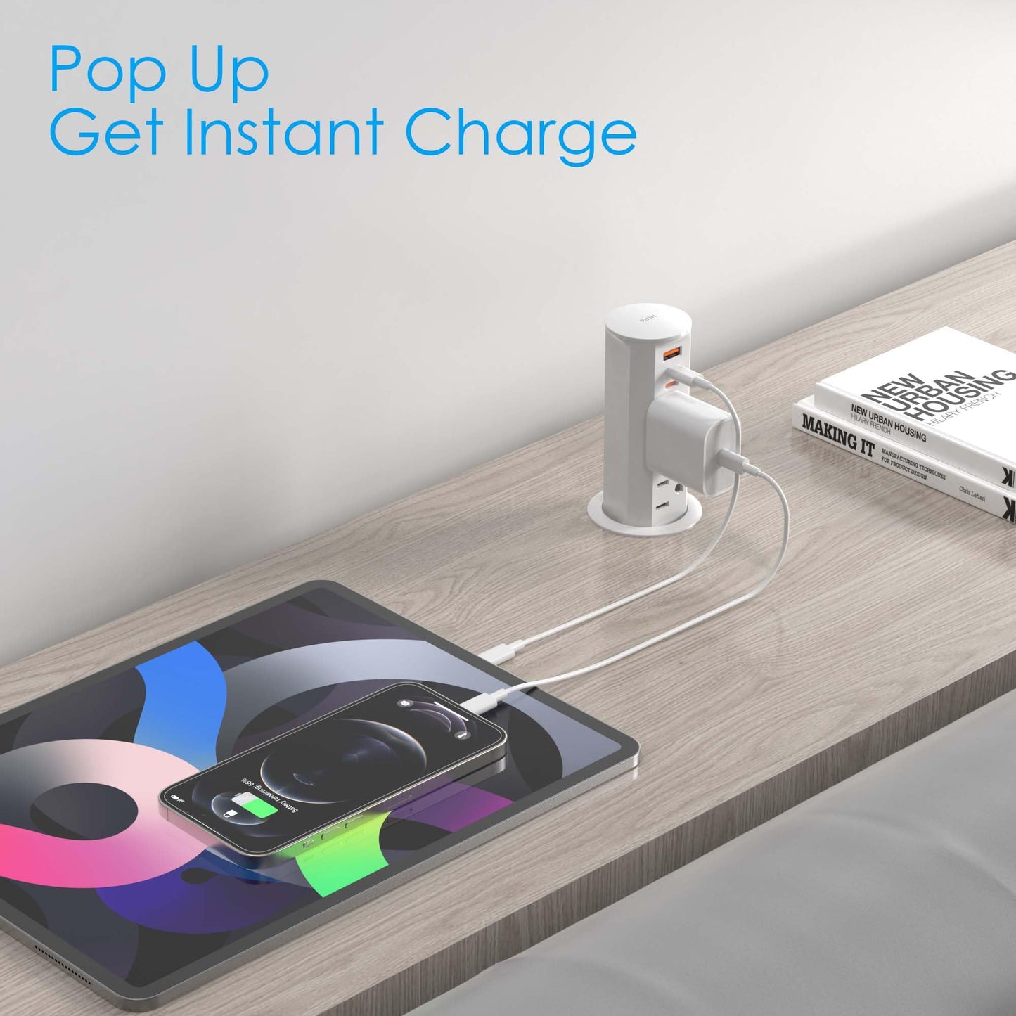 ANNQUAN 2 inch Space Saver Pop Up Outlet for Countertop with PD20W USB Ports,2 Outlets Tamper Resistant,Splashproof Pop Up Socket,Desk Power Grommet for Home Office Kitchen White