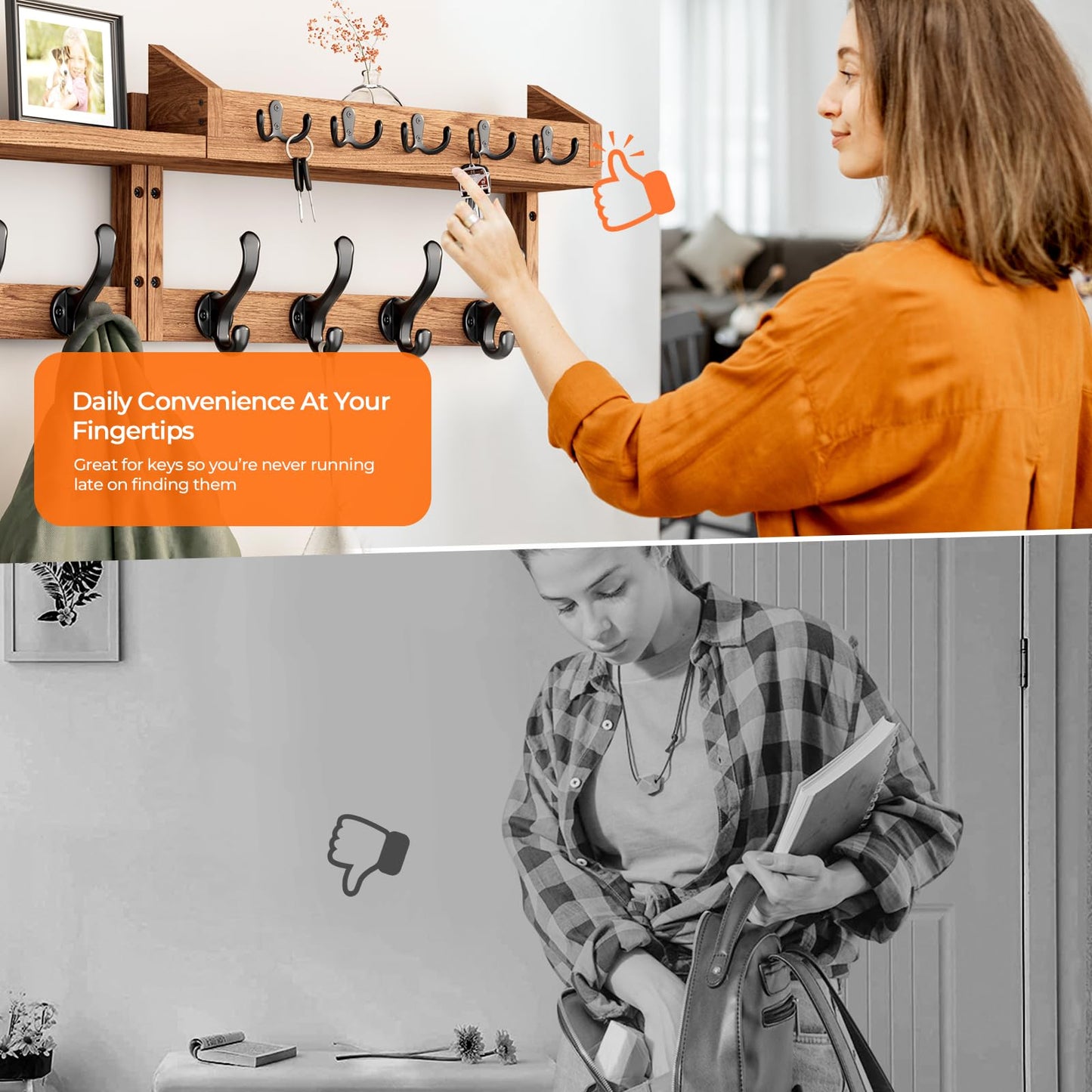 Evermagin 35" Coat Rack Wall Mount with Shelf, 4 in 1 Wall Mounted Coat and Key Hanger with 13 Hooks, Entryway Key Holder with Mail Holder for Living Room, Bedroom