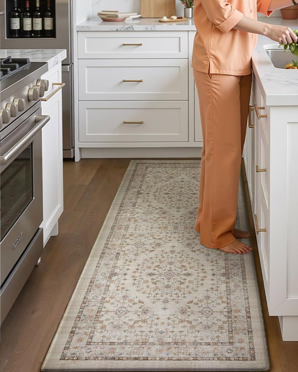 DEXI Kitchen Floor Mats Cushioned Anti Fatigue, 23x86 Long Wide Standing Comfort Runner Rug, Waterproof Rubber Memory Foam Padded for Front Sink Laundry, Beige/Ivory