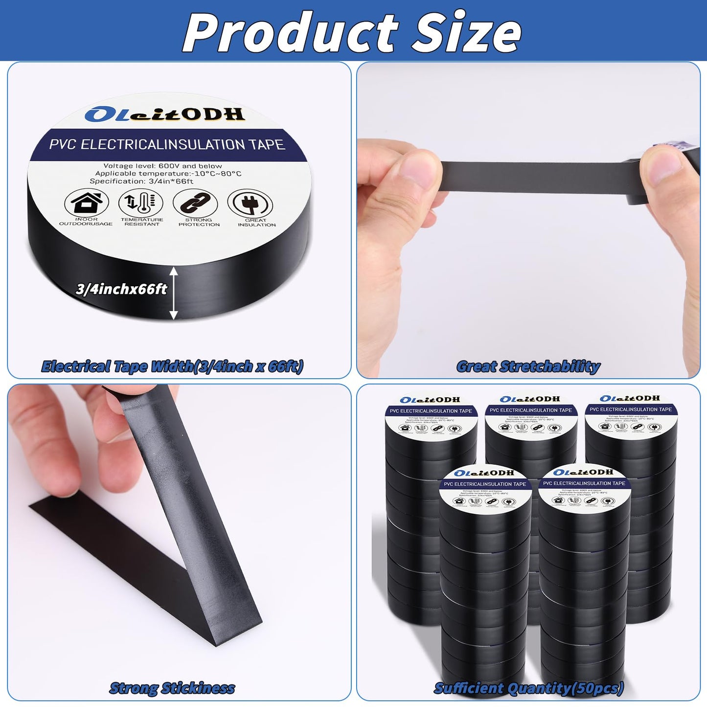 50 Pack Black Electrical Tape 3/4 in x 66 ft Waterproof Vinyl Electrical Insulating Tape High Temperature Resistance Electric Tape Under 600V Home Outdoor Multipurpose