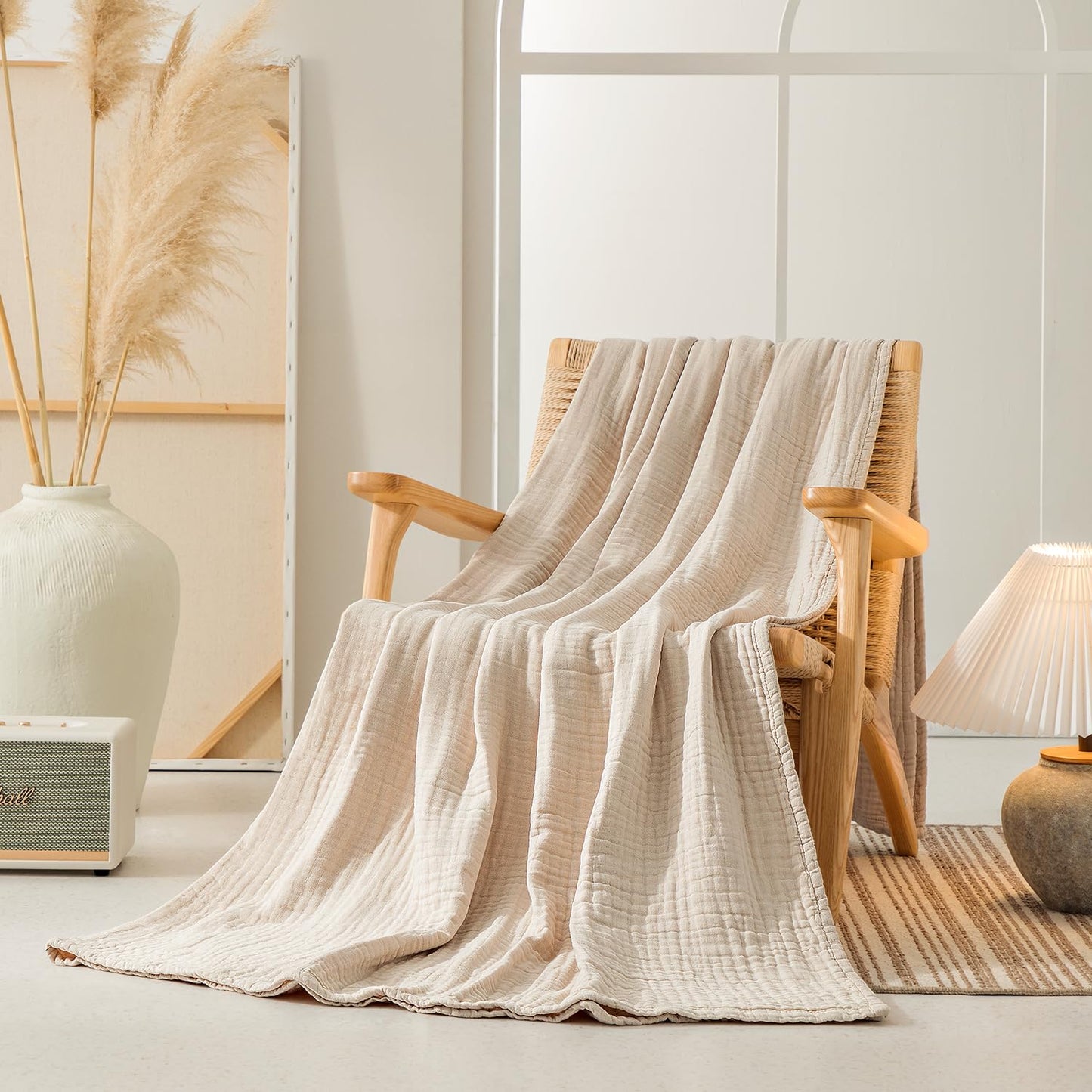 100% Cotton Ultra Soft Muslin Blankets for Adults, 6-Layer Lightweight King Size Blanket for Bed, Pre-Washed Breathable Gauze for Bed Layering, All Season Comfort, Linen Beige 108"x90"