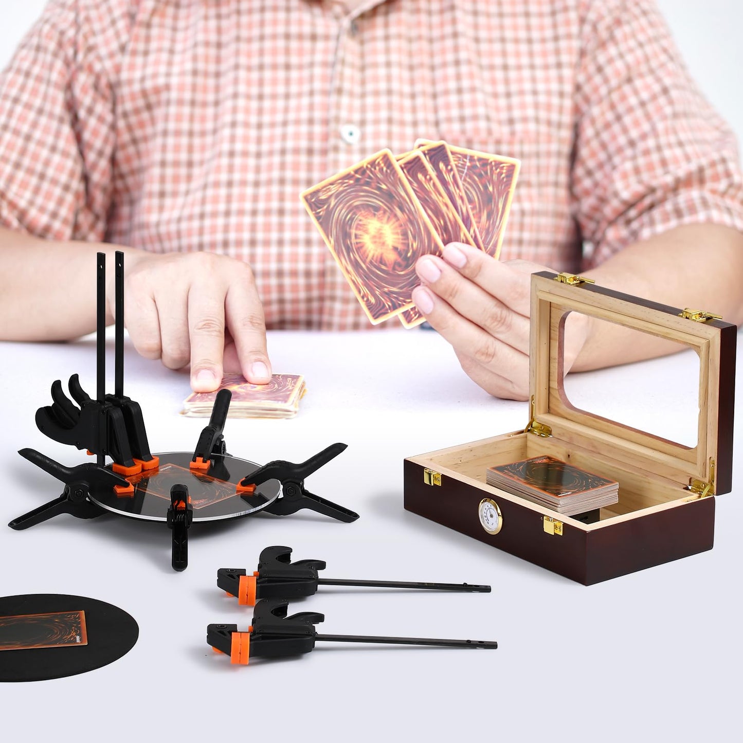 Didaey Card Flattening Kit Trading Card Flattening Tool Accessory Kit Included 1 Moisturizing Box 2 Acrylic Plates 4 Vices 4 Clamps 2 Indent Mats for Fix Bent Cards(Reddish-Brown,Wooden)