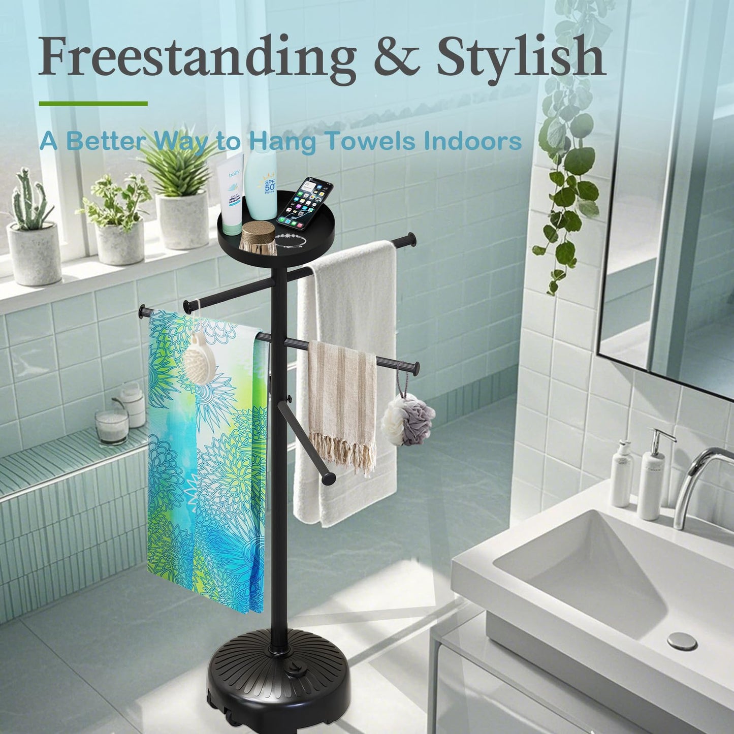 YACONA Pool Towel Rack Outdoor with Built-in Tray – Adjustable, Heavy-Duty Towel Racks & Storage for Backyards