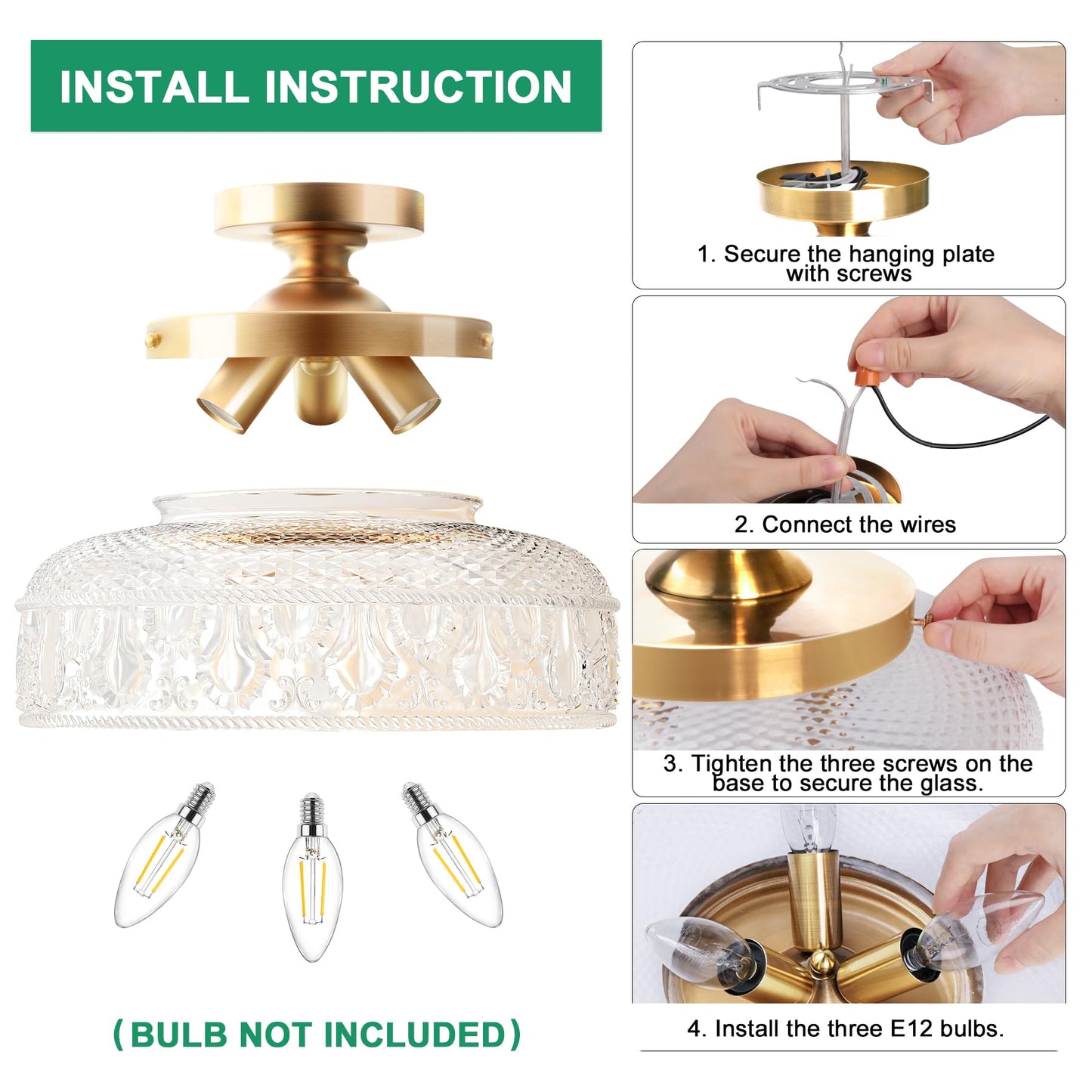 Lamomo Semi Flush Mount Ceiling Light, Upgraded Larger Golden Hallway Light Fixture, 3-Bulb Globe Glass Close to Ceiling Scone,Indoor Hanging Light for Bedroom Kitchen Porch Hallway,Bulbs Not Included
