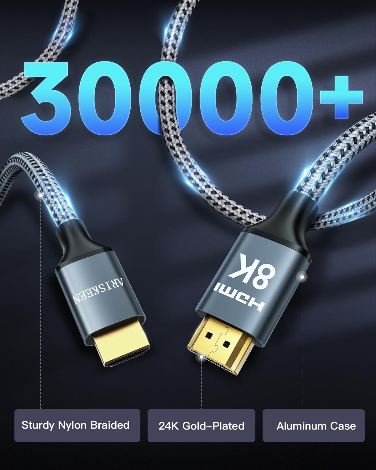 ARISKEEN 8K HDMI Cable 50FT, 48Gbps High Speed HDMI 2.1 Cable, 8K 60Hz, 4K 120Hz 144Hz Support for HDR 10, HDCP 2.2 2.3, eARC, DTS:X, Braided HDMI Cord Compatible with Laptop/HDTV/Monitor - 50 Feet