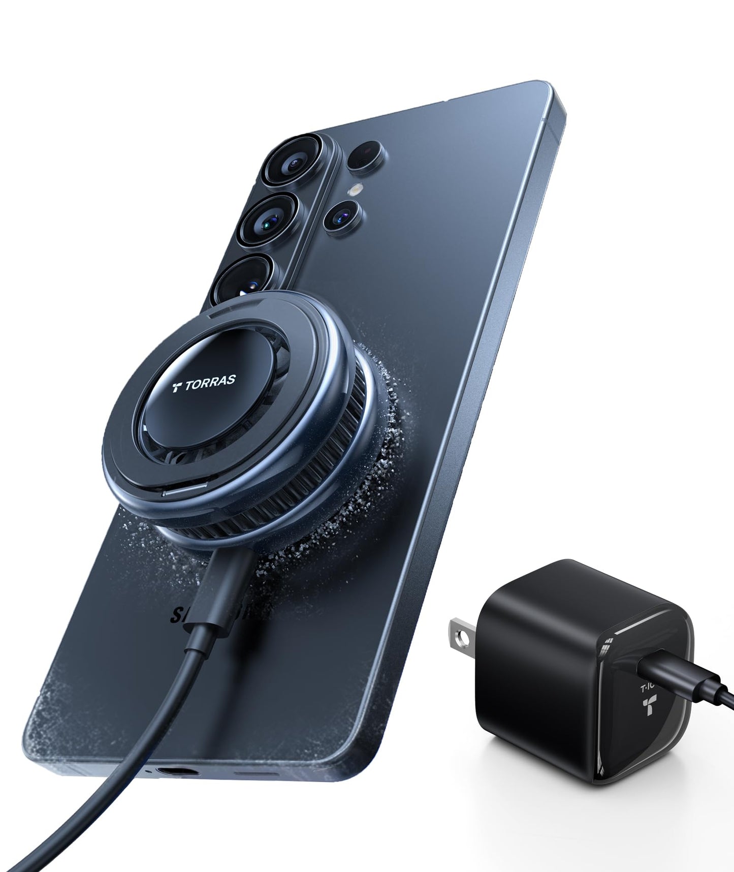 TORRAS PolarCircle Qi2.2 Wireless Charger, 25W Cooling Magnetic Pad for Samsung Galaxy S26/S25, Wireless Charger for iPhone 17/16 with 360°Spin Stand, Semiconductor Phone Cooler, with 45W IceNano Plug