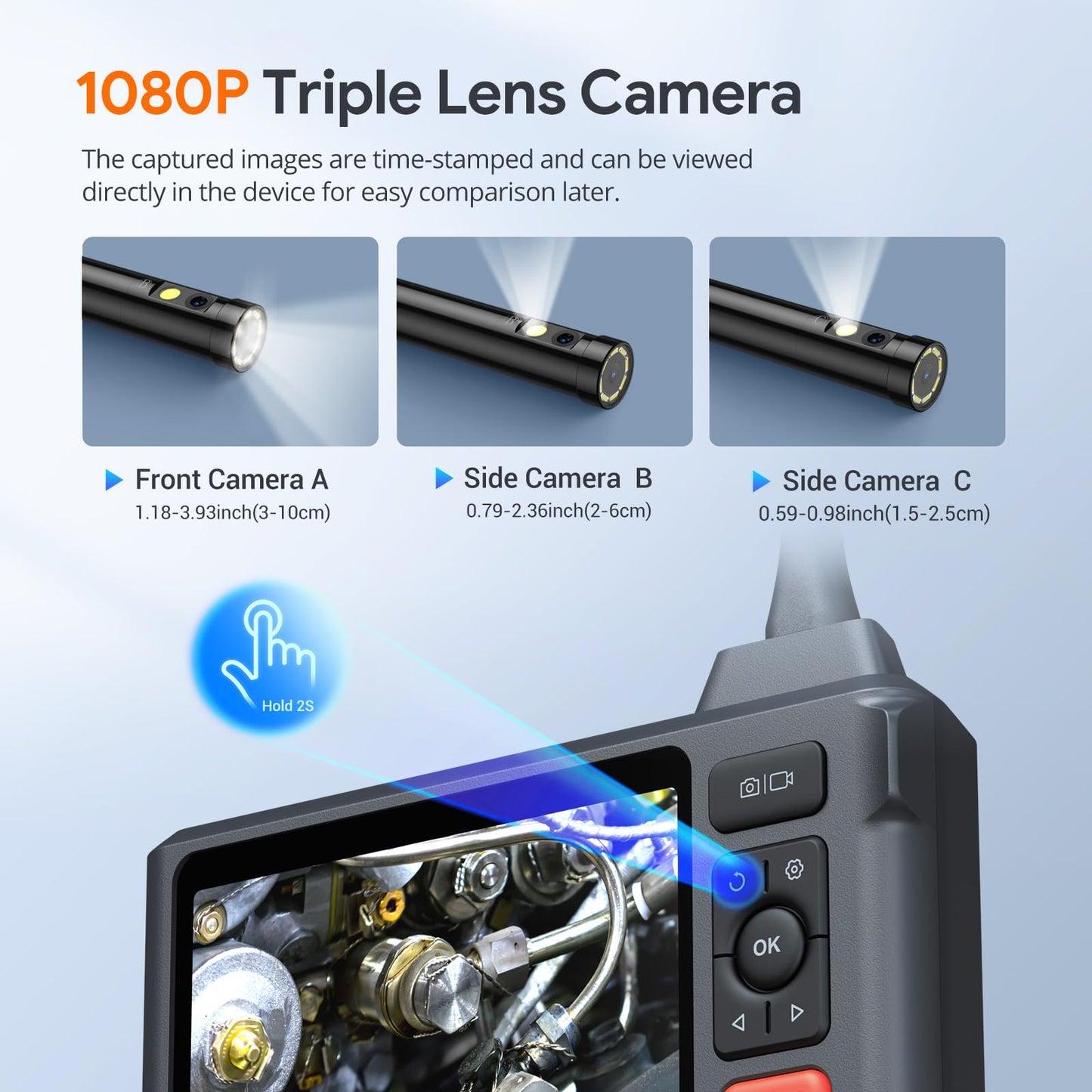 Triple Lens Borescope Tool, DEPSTECH 5" IPS Screen Endoscope Camera with Lights, 1080P Sewer Inspection Camera & Split Screen, 180° Rotation, IP67 Snake Cable, Gadget for Automotive Mechanical Repair