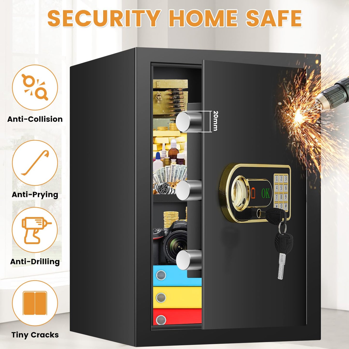 2.5 Cuft Fireproof Safe for Home, Safe Box Fireproof Waterproof with Digital Keypad and Manual Key, Removable Shelf, Fireproof Bag, Personal Security Fire Proof Safes for documents Money Valuables