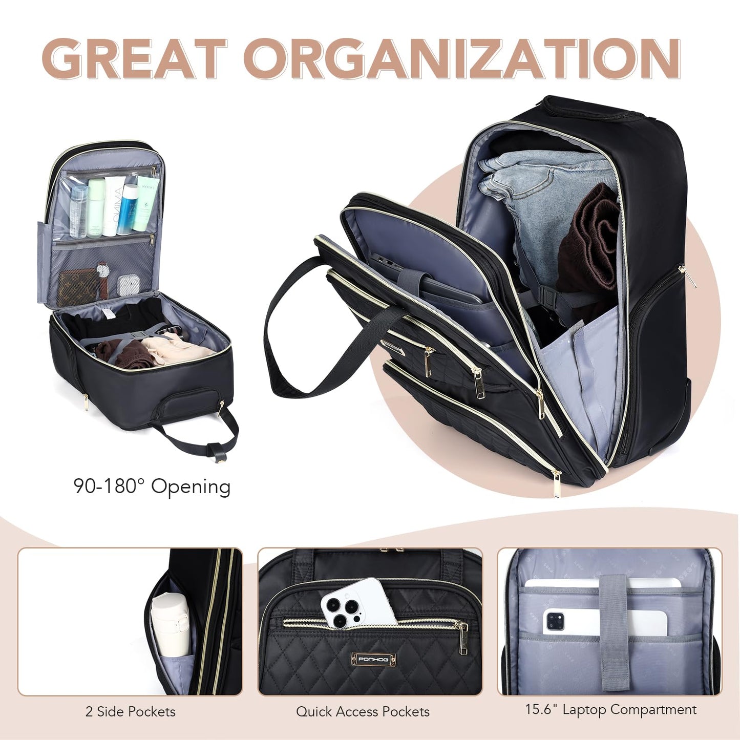 Ponhog Rolling Backpack for Women, 15.6 Inch Travel Laptop Wheeled Backpack, 30L Roller Carry on Luggage for Adults Business College Work Overnight, Stylish Personal Item Suitcase, Black