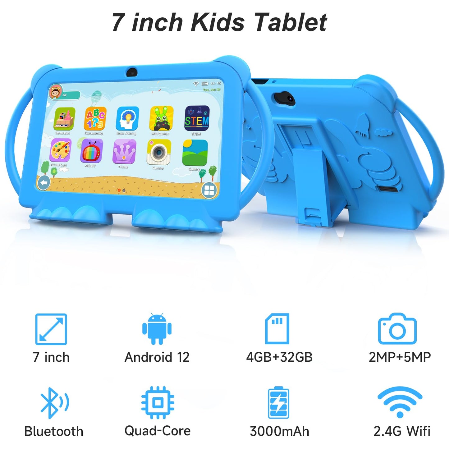 Kids Tablet, 7 inch Android 12 Tablet for Kids, 4GB RAM 32GB ROM 1TB Expand, Toddler Tablet with Parental Control, IPS Screen, Dual Camera, Educational, Games, Shockproof Case for Boys/Girls (Blue)