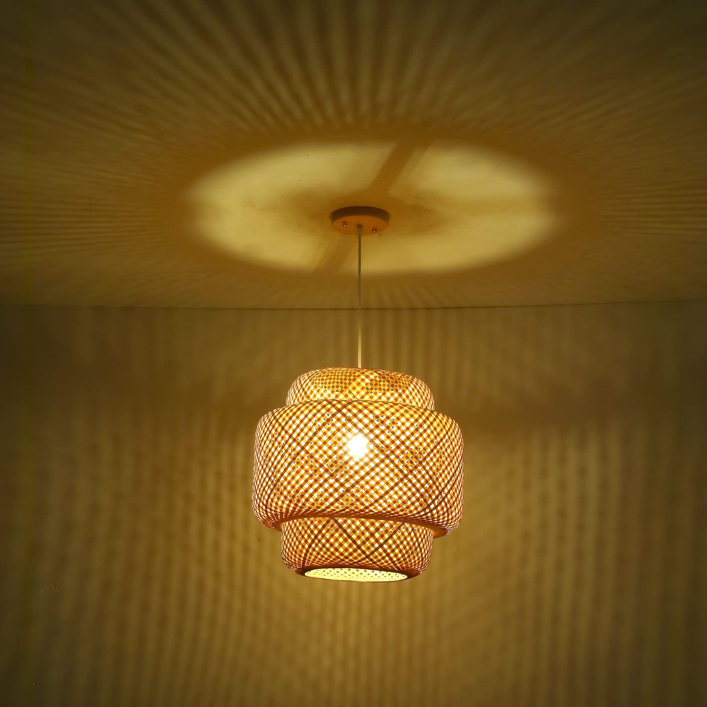 Karjearl Bamboo Pendant Light - Boho Basket Chandelier Handmade Woven Pendant Light, Natural Wicker Rattan Hanging Chandelier for Kitchen Island Dining Room Living Room Porch