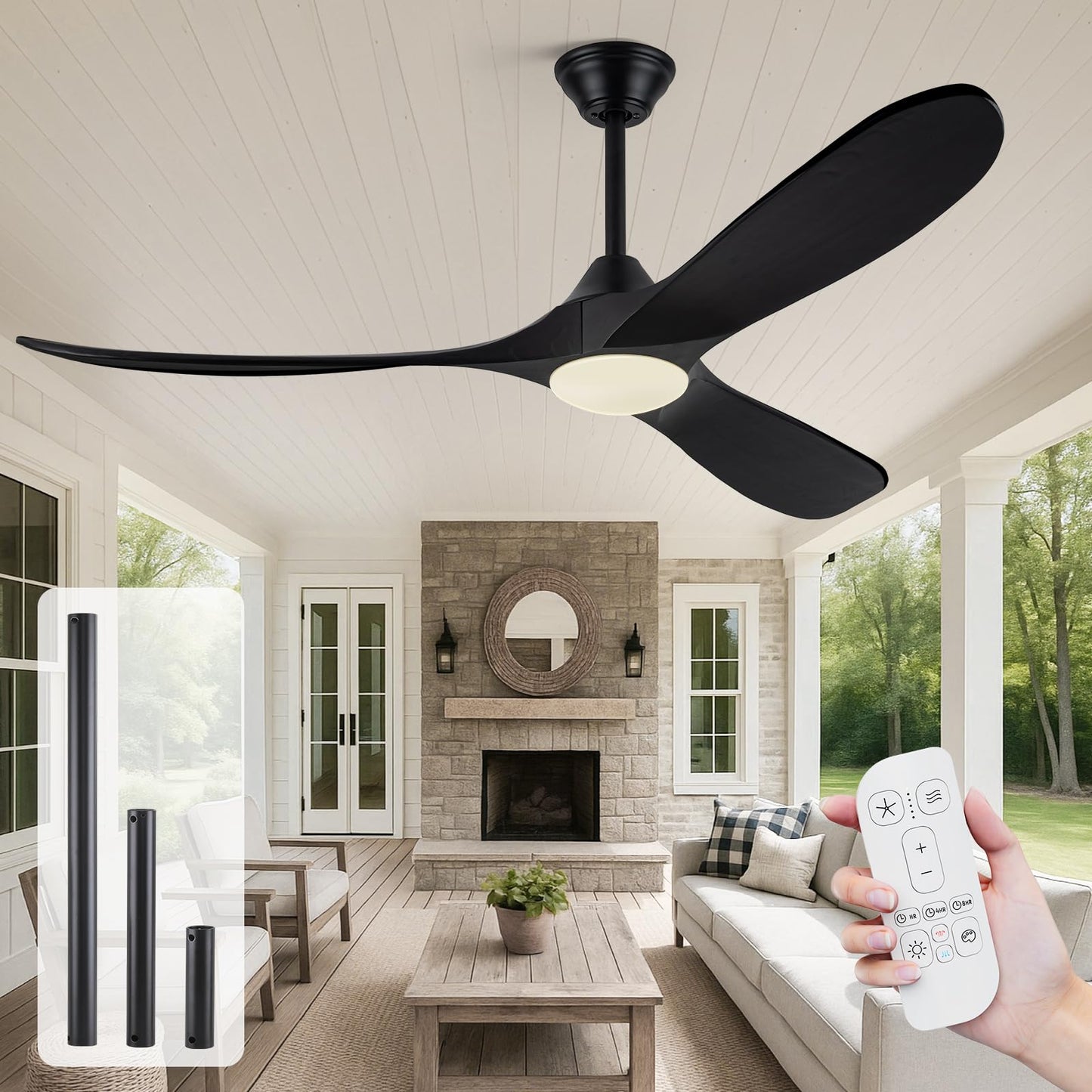 60 Inch Damp Rated Outdoor Ceiling Fan with Light, for Patio and Covered Porch - Quiet Energy Efficient DC Motor, 3 Black Wood Blades Rustic Farmhouse Style, Dimmable for Indoor Living Room, Bedroom