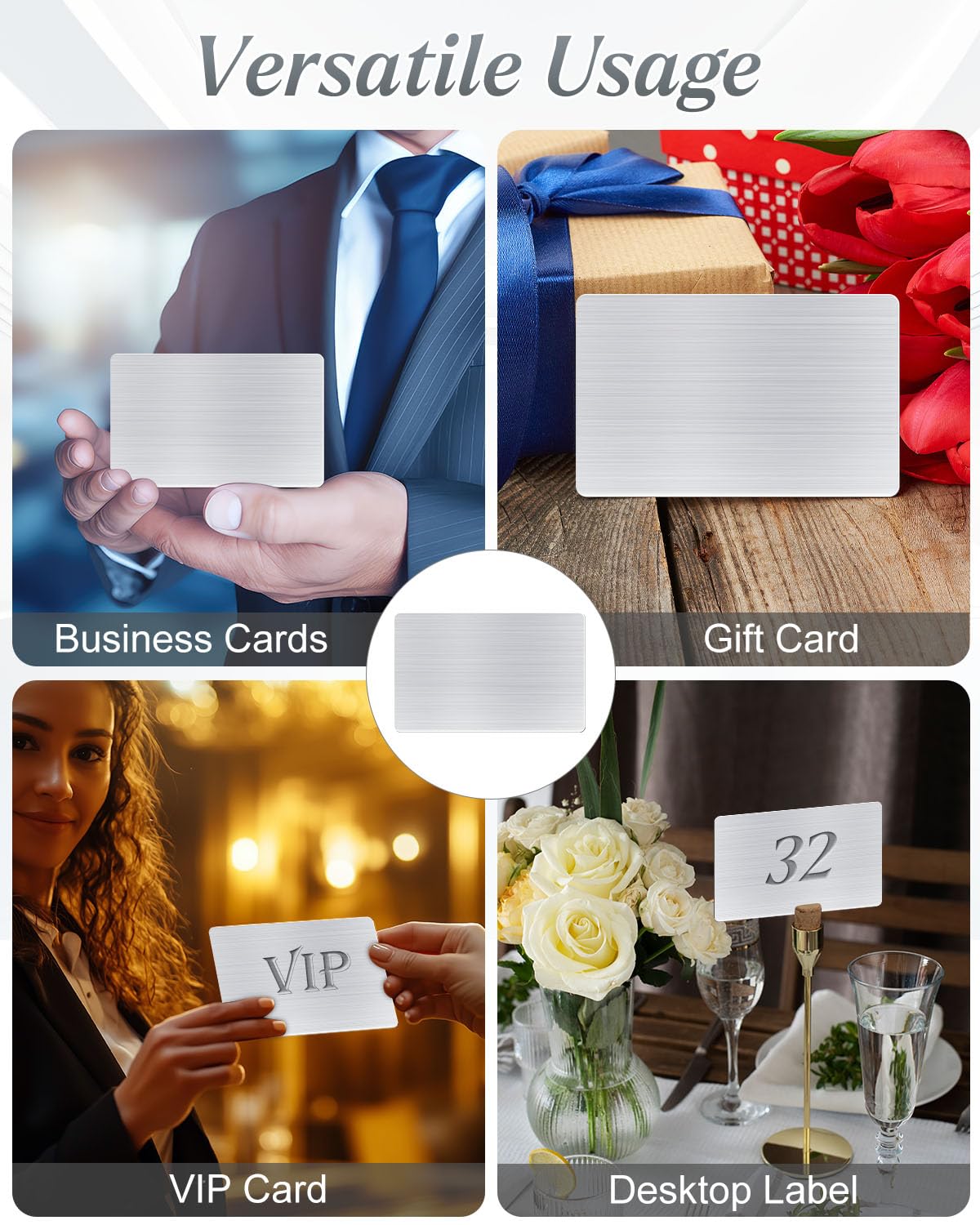 AOKLIT 50 pcs 304 Stainless Steel Metal Business Cards Blanks, 3.4 x 2.1 Inch Thickness 0.8 mm Metal Card Laser Engraving Steel Plates for Business House Customer DIY Gift