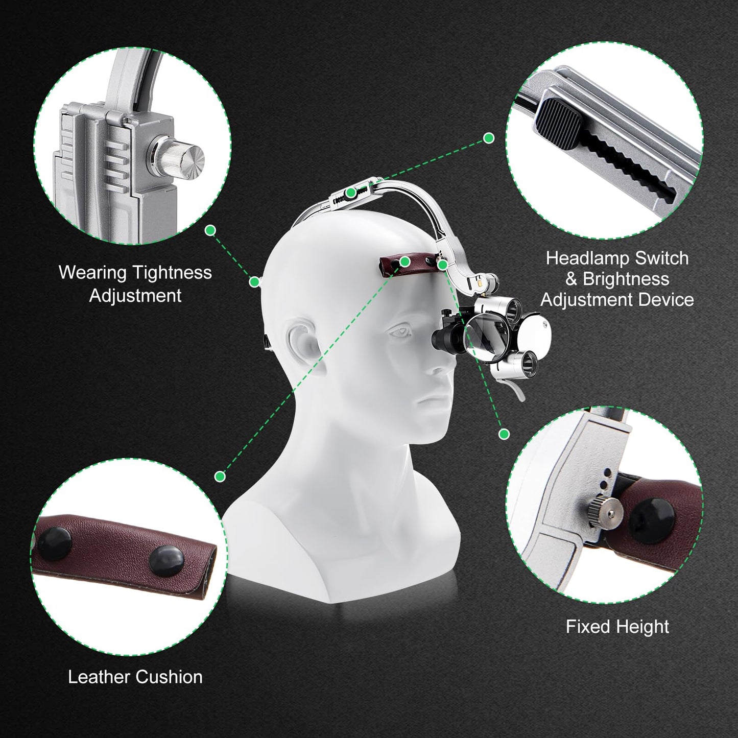 4E 4E'S USA Head-Mounted Dental Loupes with Light 3.5X 420mm, Dual Rechargeable Batteries, Ergonomic Design, Clear Vision & Comfort - Silver