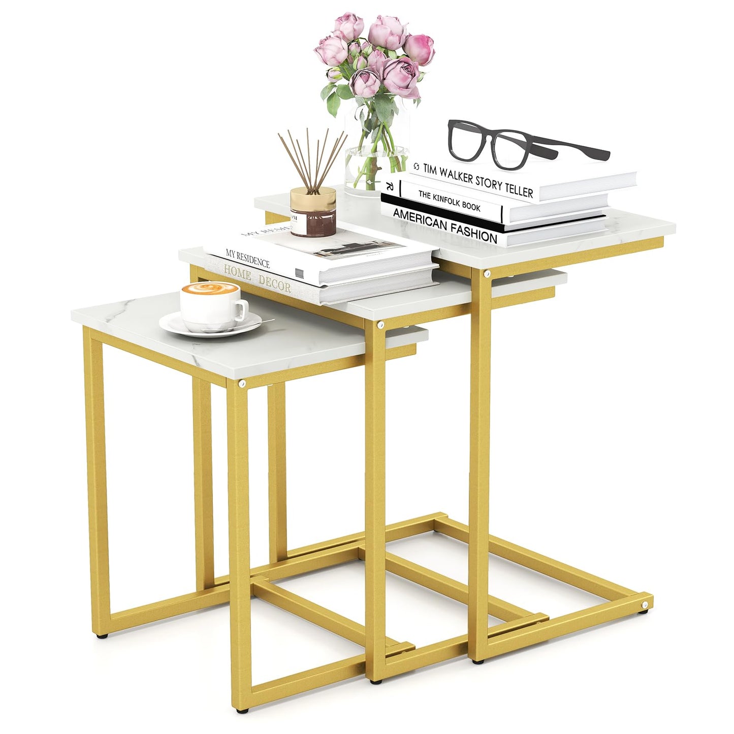 Giantex Nesting Coffee Table Set of 3, Stackable Square End Table w/Faux Marble Tabletop & Heavy-Duty Metal Frame, Farmhouse C-Shaped Accent Table for Small Space, Living Room, Bedroom (White Gold)
