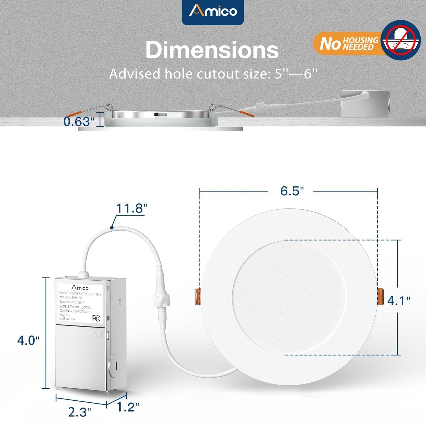 Amico 24 Pack 6 Inch 5CCT Ultra-Thin LED Recessed Light with Junction Box, 2700K/3000K/4000K/5000K/6000K Selectable, 1000LM Brightness, Dimmable Canless Wafer Downlight, 12W Eqv 110W-ETL&FCC