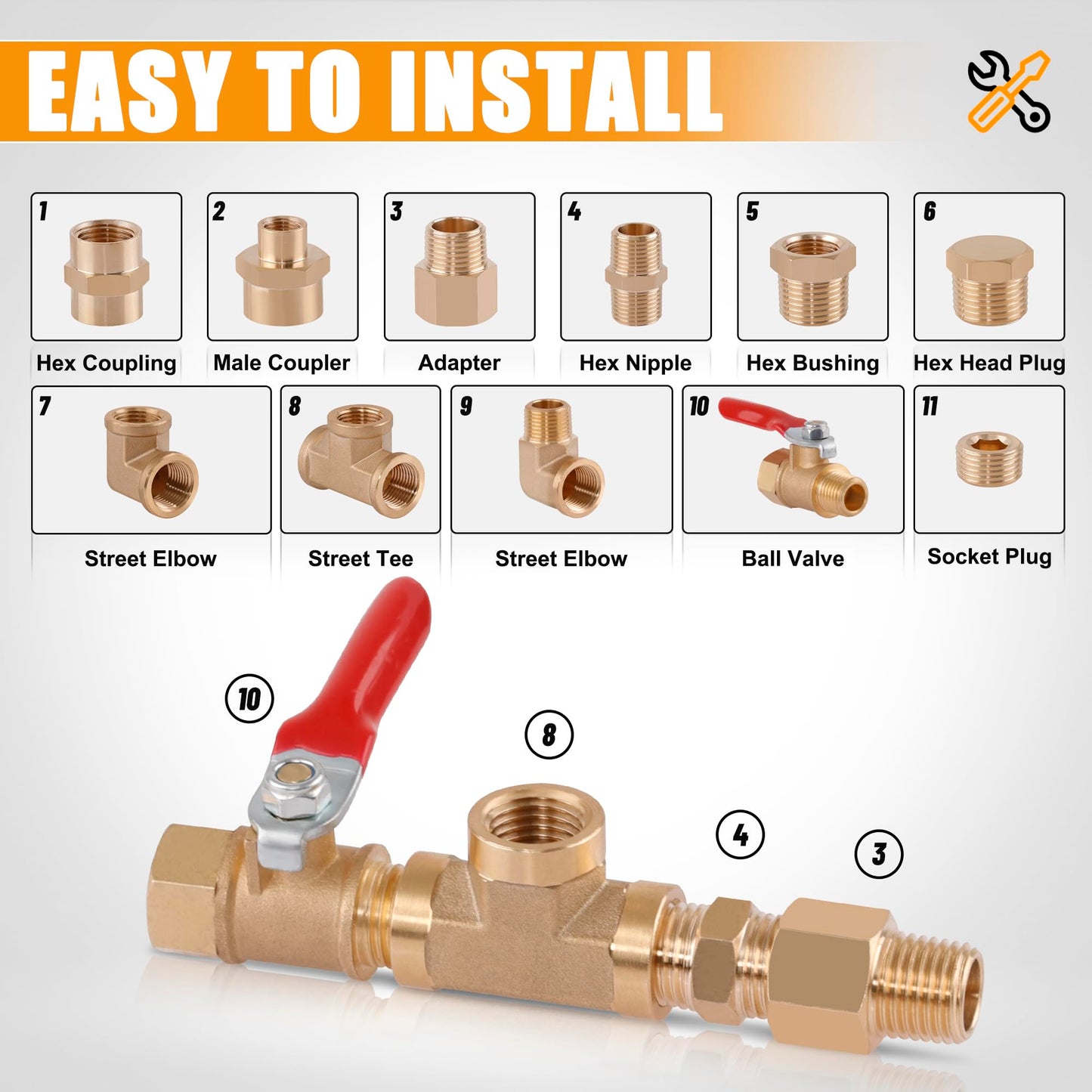 Ailbiuko 105PCS Brass Pipe Fittings Assortment Kit NPT Adapter,Reducer Bushing, Hex Nipple, Reducing Hex Coupling,90 Degree Street Elbow,Street Tee,Ball Valve,Hex Head Plugs,Socket Plug Fittings Kits