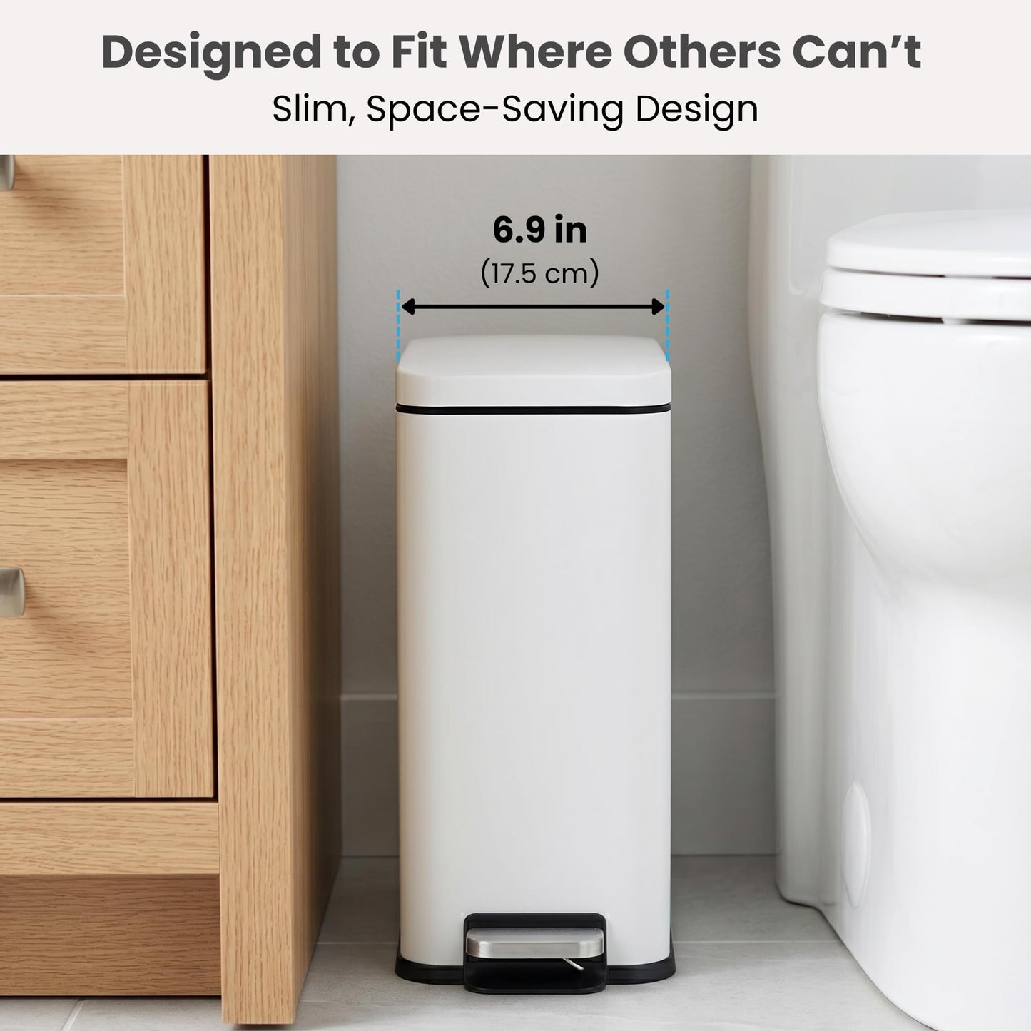 iTouchless 3 Gallon Small Wastebasket for Bathroom with Lid, Deodorizer, Soft-Step Stainless Steel Slim Garbage Bin, 11.5L White Small Trash Can, Step Pedal, Minimalist Nursery Decor for Clinic & Spa