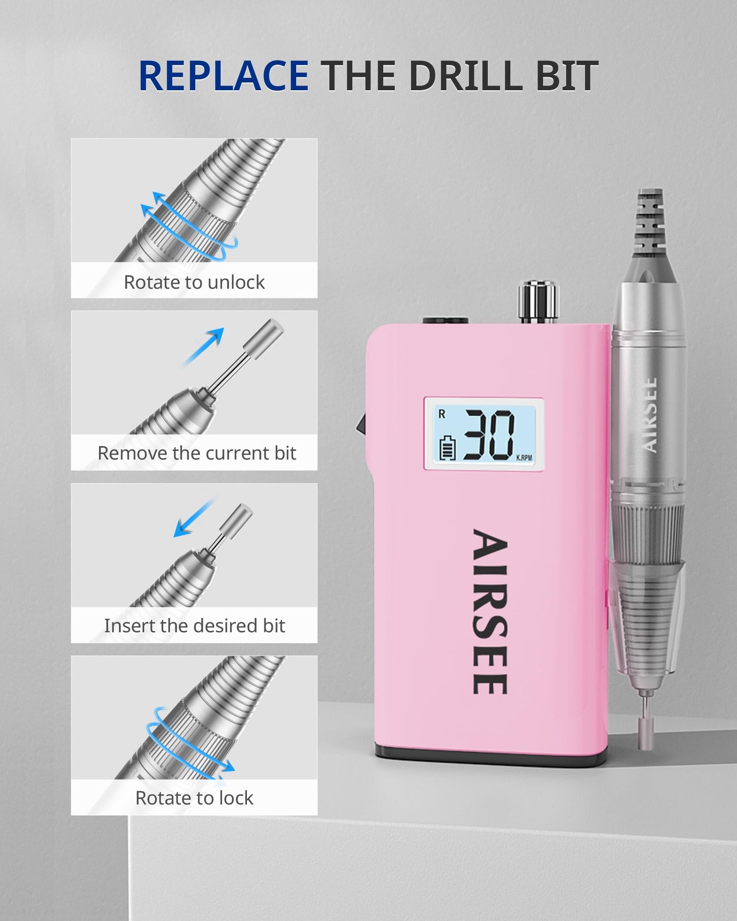AIRSEE Rechargeable 30000RPM Electric Nail Drill Professional Portable E File Machine for Acrylic Nail Natural Extension Gel Nails Polish Cuticle, Cordless High Speed for Salon Home Use E8 Pink