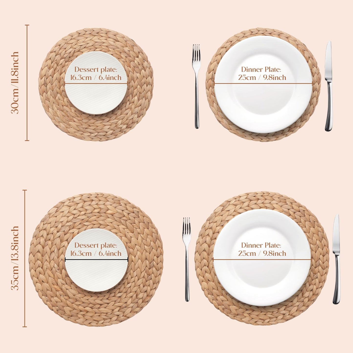 6 Pack, Round Woven Placemats, Natural Water Hyacinth Wicker Place mats, Braided Straw Table Mats for Dining Table, Fall, Halloween, Thanksgiving, Chrismats (13.8 inch)