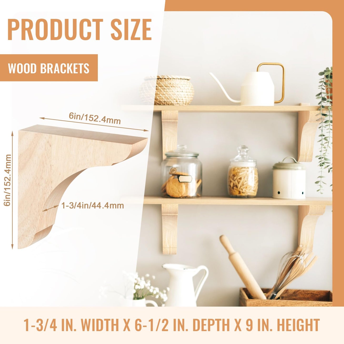 Vercraft 8 Pcs Wood Corbels Wooden Shelf Brackets 1.75'' W x 6'' D x 6'' H Unfinished Paintable Bracket with Hanging Hook for Doorway Countertop Kitchen Cabinet Book Shelves, Rubber Wood