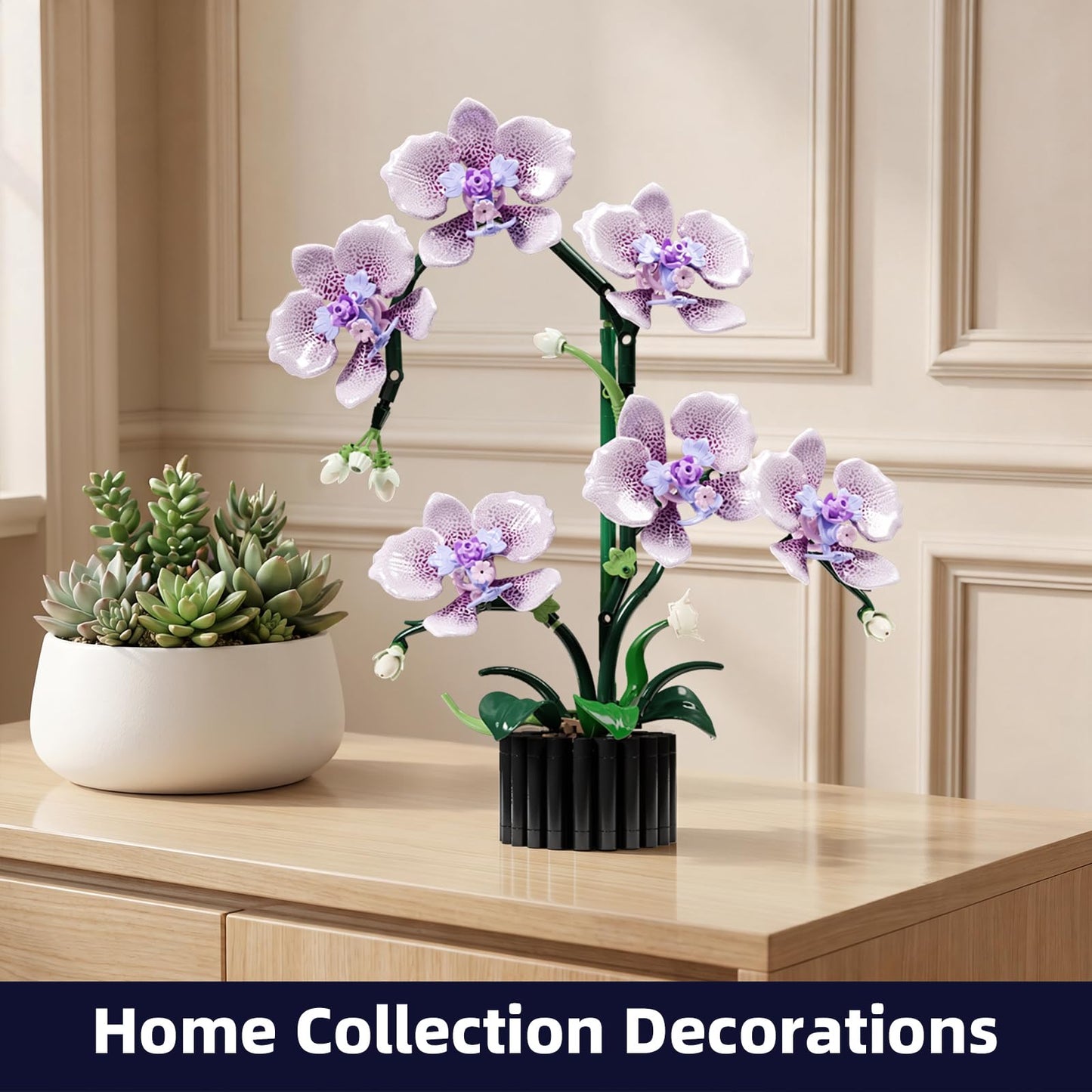 Ouepiano Artificial Orchid Building Set for Adults – 619PCS Flower Bouquet Kit, Lifelike Butterfly Orchid Potted Plant Model, DIY Home Office Desk Decor, No Watering Needed