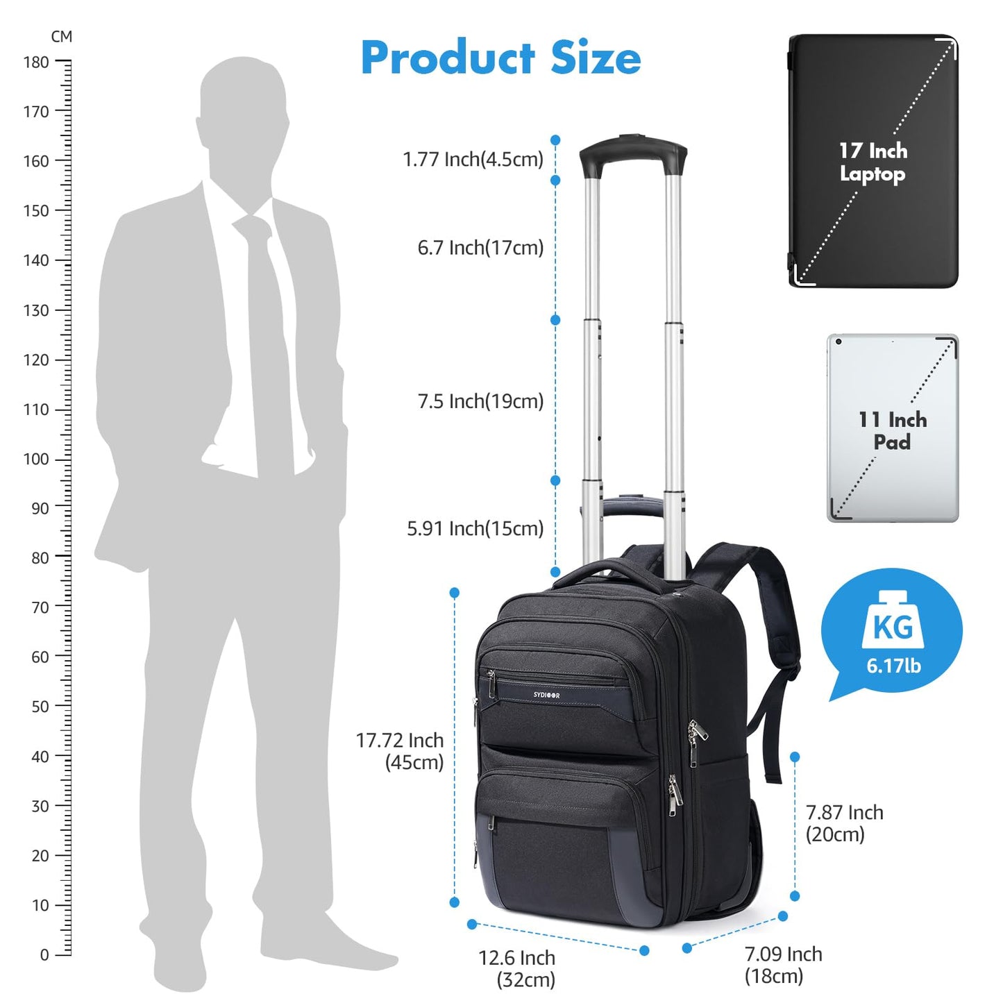Sydioor Rolling Backpack, 17.7inch Rolling Backpack With Wheels for Adults, Roller Carry On Luggage Wheeled Backpack, Rolling Laptop Backpack for Men Women to Travel Business, Black