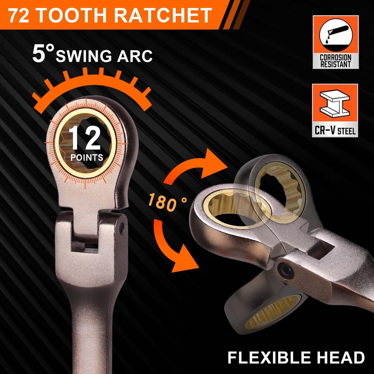 Qnkaa Flexible Ratcheting Wrench Set 12pcs Metric 8-19mm Flex-Head Spanner Gear Ring Ratchet Combination Wrenches Kit with Portable Organizer