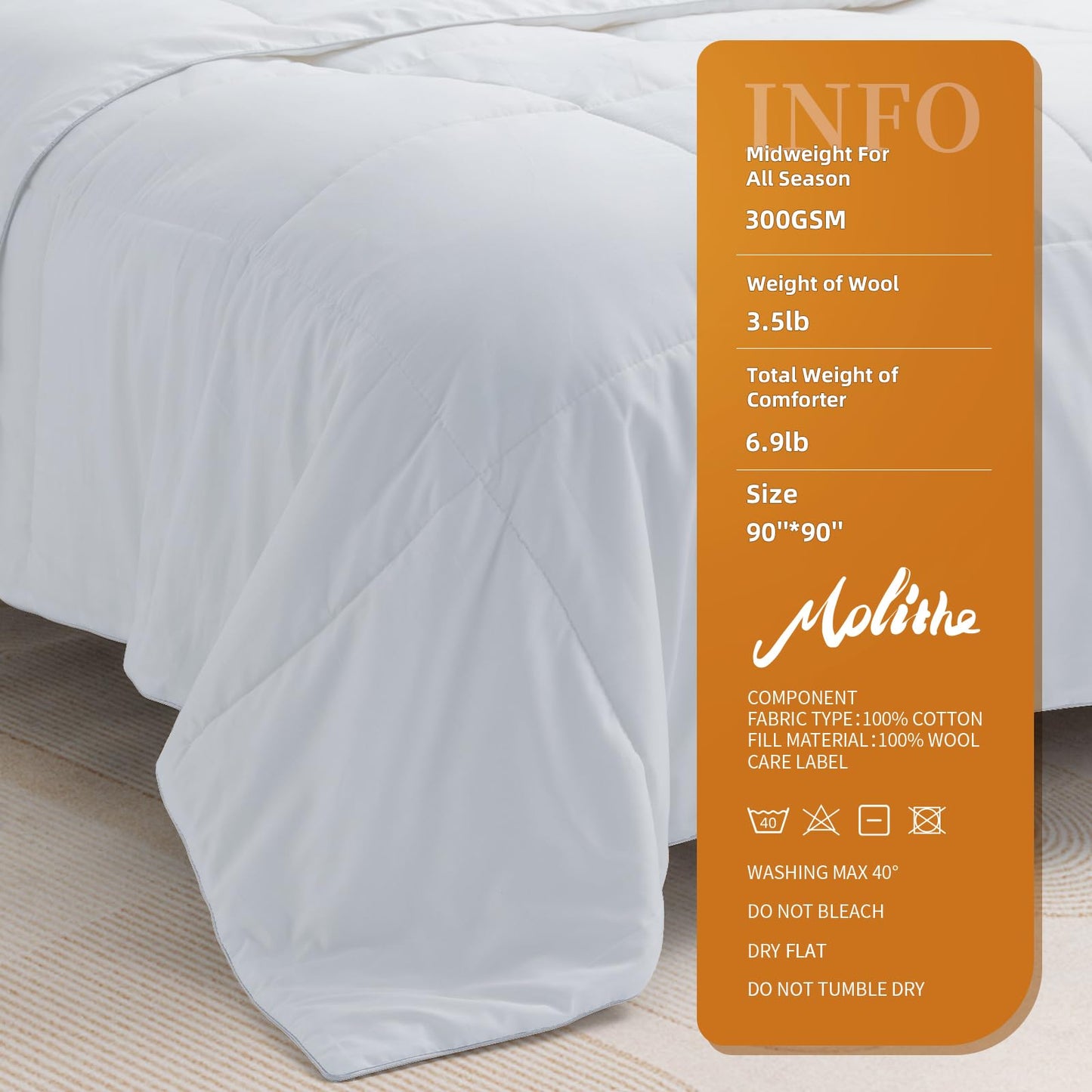 100% Wool Comforter All Season Midweight Duvet Insert Noiseless Pure Cotton Shell Comforter Temperature Regulation Breathable Comfortable Wool Bedding for Luxurious Sleep Queen Size
