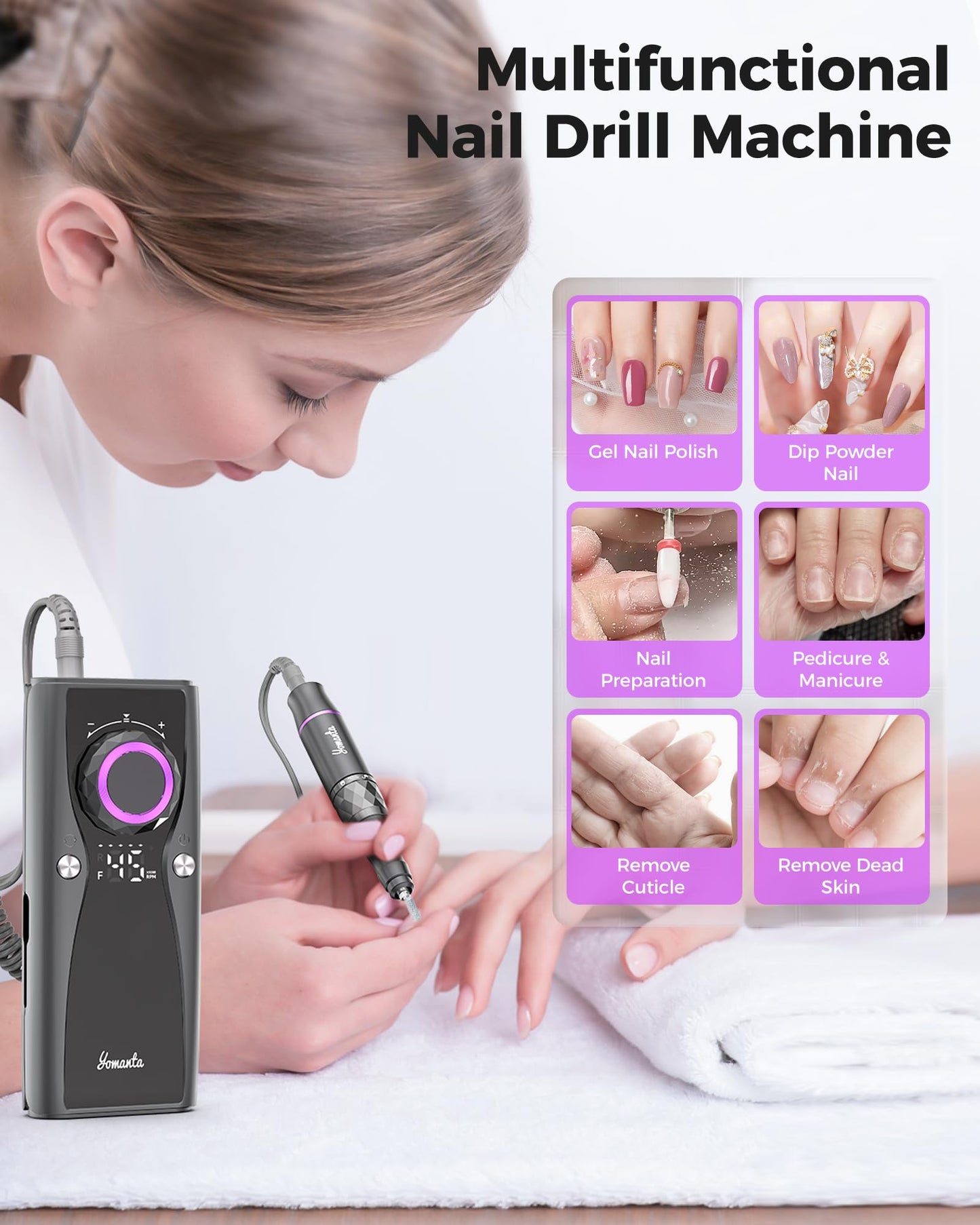 Yomanta Electric Nail Drill Professional Kit: 45,000 RPM USB Rechargeable Efile Nail Drill Nail File with 12 Bits for Polishing Gel/Acrylic Nails- Portable Manicure Tool Set for Salon/Home-Black