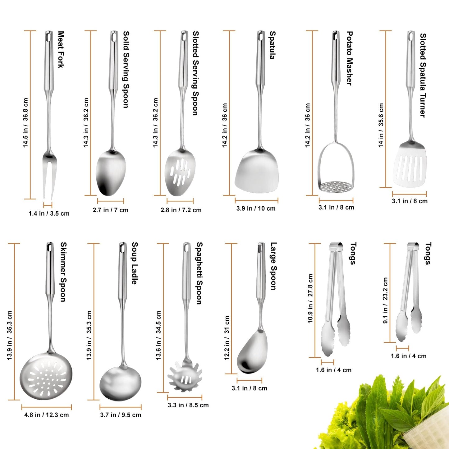 304 Stainless Steel Cooking Utensils Set, 12 Pcs Long Stainless Steel Kitchen Utensils Set, Metal Cooking Utensils Set with Potato Masher, Spoon, Ladle, Skimmer, Pasta Server etc(Dishwasher Safe)