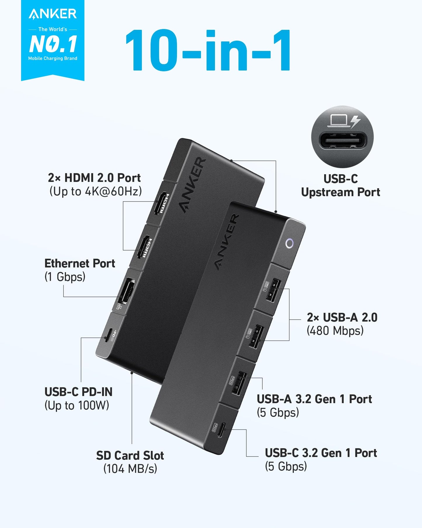 Anker 10-in-1 USB C Hub with 100W Power Delivery, Dual 4K HDMI, 4 USB-A/USB-C Ports, Ethernet, SD Card Slot for Laptops