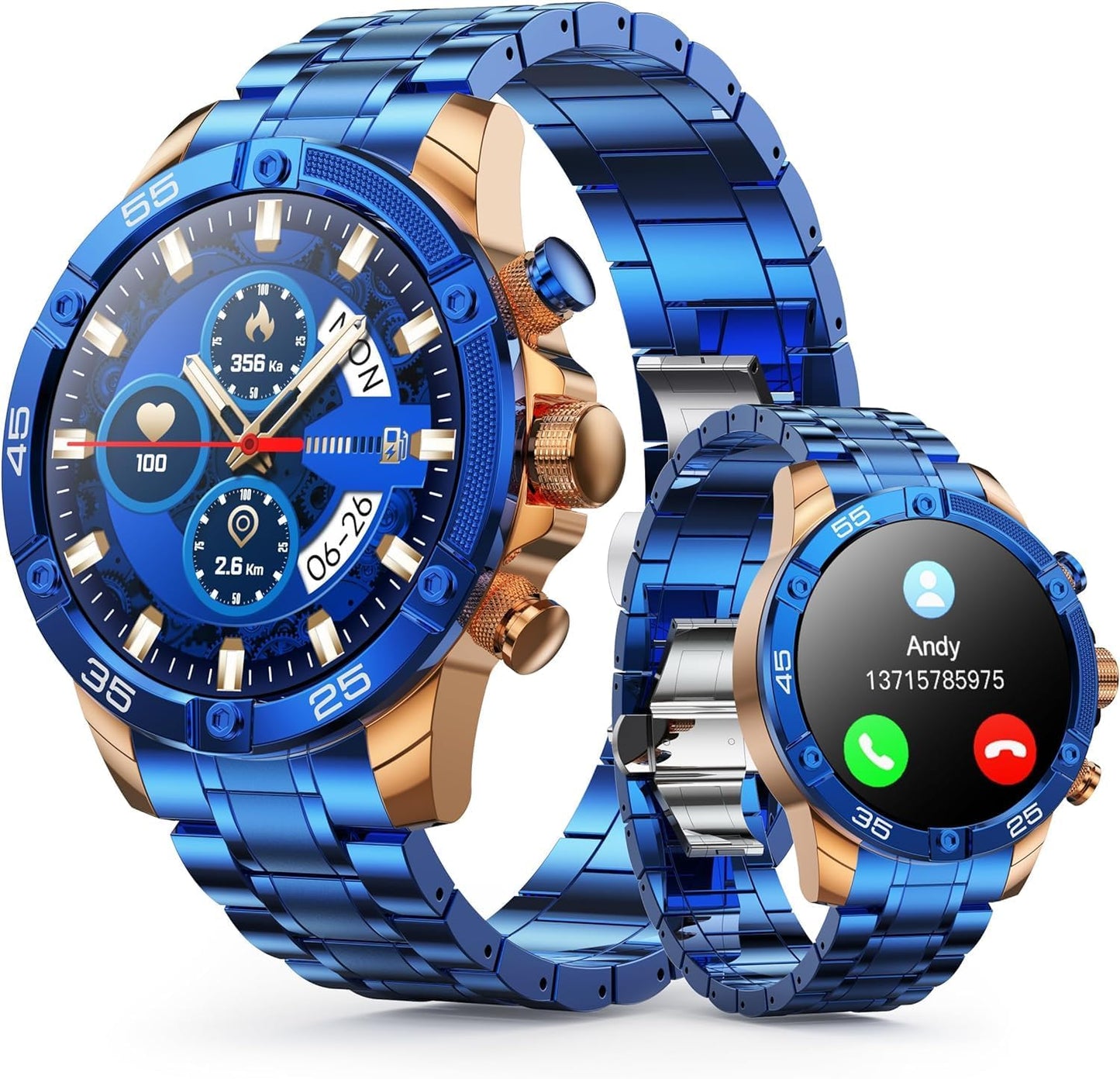 OHUGNA Men's Smart Watch Round HD 1.53" Gold Blue Smart Watches for Men, Multiple Sports Modes, Bluetooth Voice Call. Available for iOS and Android (Blue Steel)