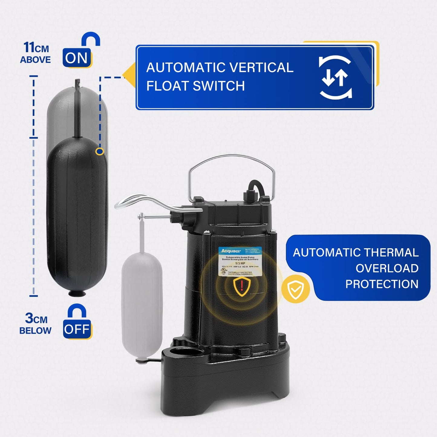 Acquaer 1/3 HP Submersible Sewage/Effluent Pump,3680 GPH Cast Iron Sump Pump with Automatic Integrated Snap-action Float Switch for Basement,Flooding Area…