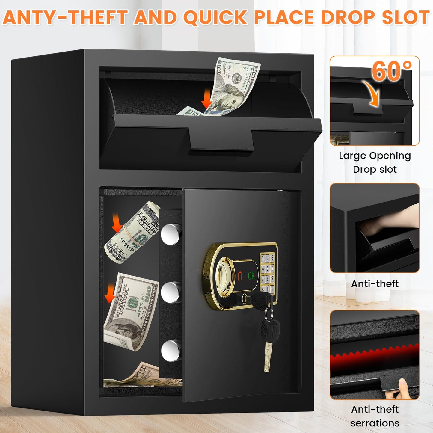 2.8 Cubic Fireproof Drop Safe for Business, Anti-Theft Drop Slot Safes for Money with Digital Combination Lock & Spare Keys, Cash Depository Safe with Drop Box for Home Retail Store Business