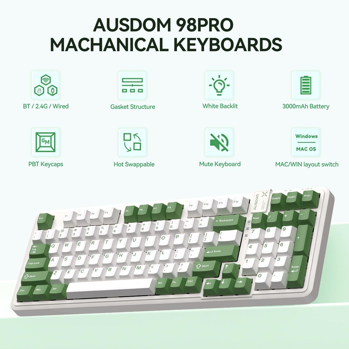 AUSDOM 98Pro Silent Mechanical Keyboard,Wireless Hot Swappable Gaming Keyboard with Backlit,Gasket Structure,Pre-lubed Tactile Switches,2.4GHz/Type-C/Bluetooth Custom Keyboard(Green & White-Silent)