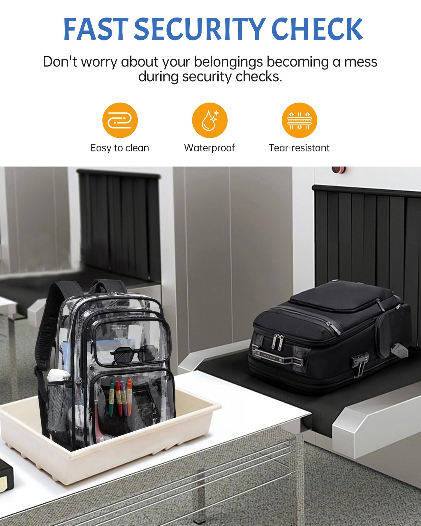 BAVERGE Clear Backpack Heavy Duty -18 Inch Extra Large Bookbag 3 Front Pockets and Lock for Stadium Events, Travel, Work, College, Black