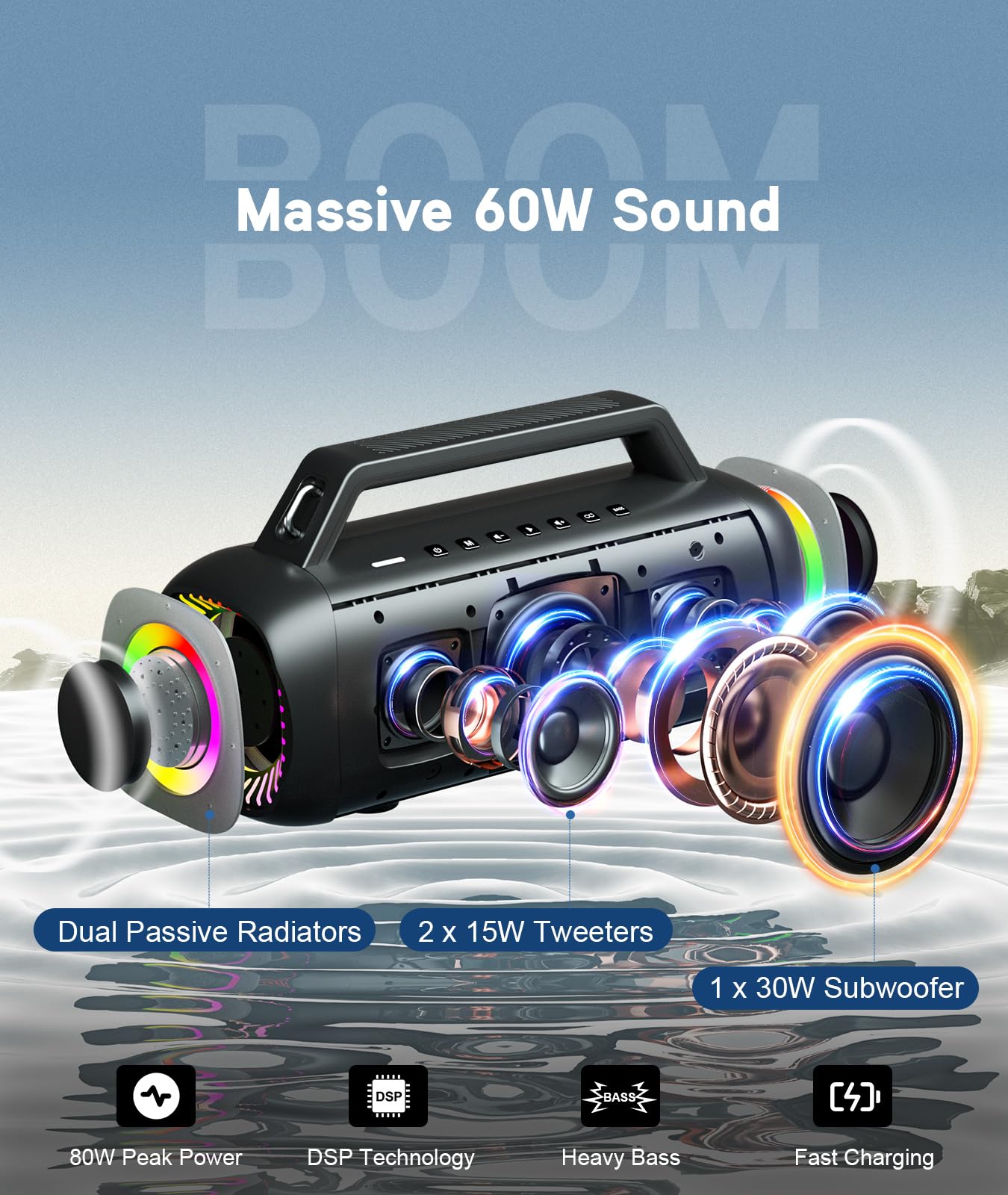 Ortizan Portable Bluetooth Speaker Loud, 80W Peak, Bass Up, 24H Playtime, IPX7 Waterproof, RGB Lights, Wireless Stereo Pairing, BT5.3, USB-C, Subwoofer Outdoor Speaker for Camping, Beach, Backyard