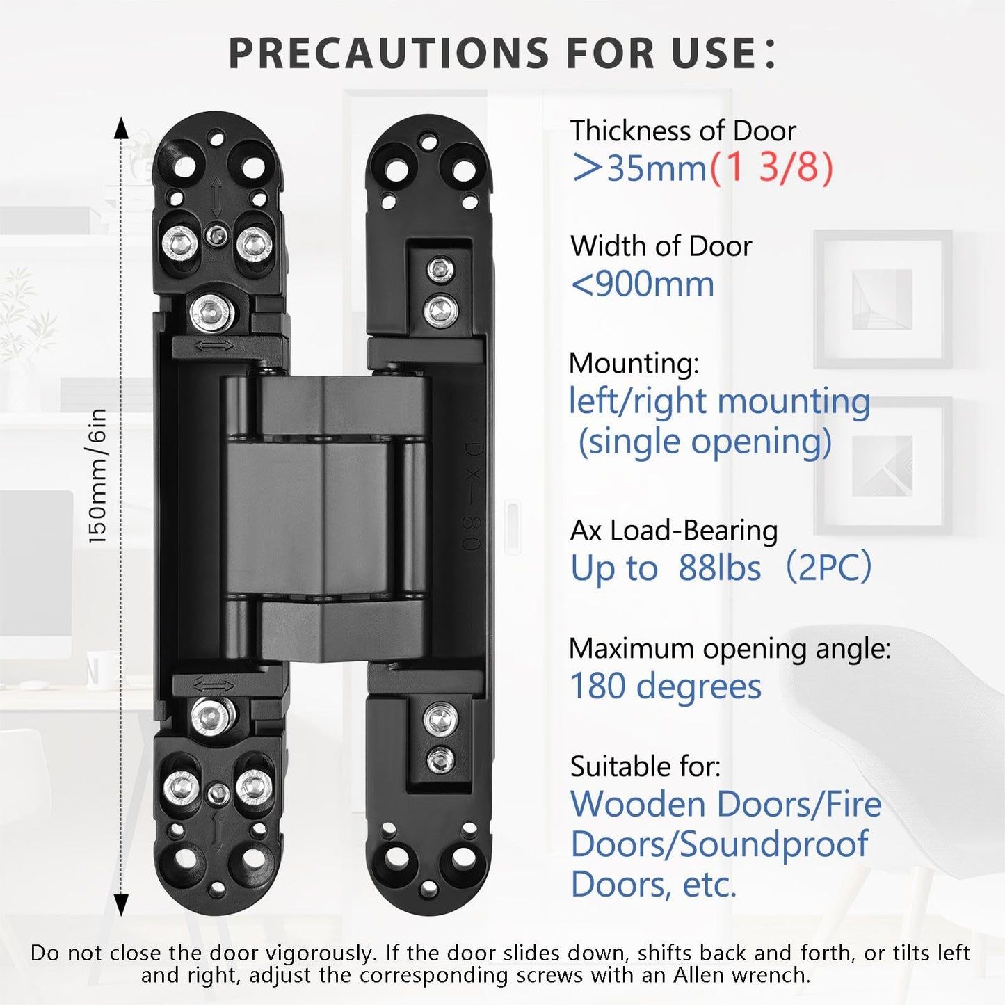 ANMILIY 6" Hidden Door Hinge,Invisible Door Silent Door Hinge,180 Degree Swing Hinge 3-Way Adjustable Butt Hinge(Black, 6 x 2.5 x 1)