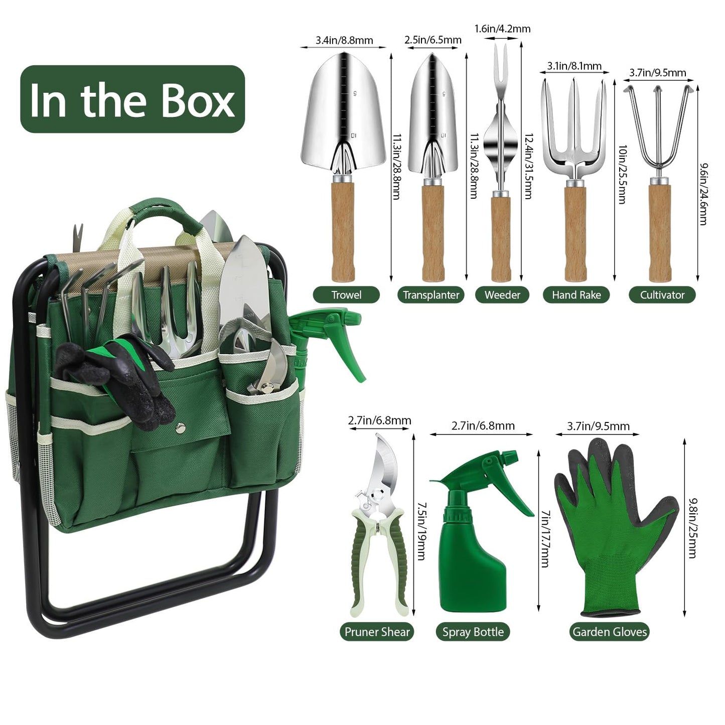 HoHaing Garden Tool Set, 10 Piece Gardening Kit with Heavy Duty Folding Stool, Gardening Tools with Detachable Storage Tote Bag, Stainless Steel Garden Tools, Gardening Gifts for Women Men Green