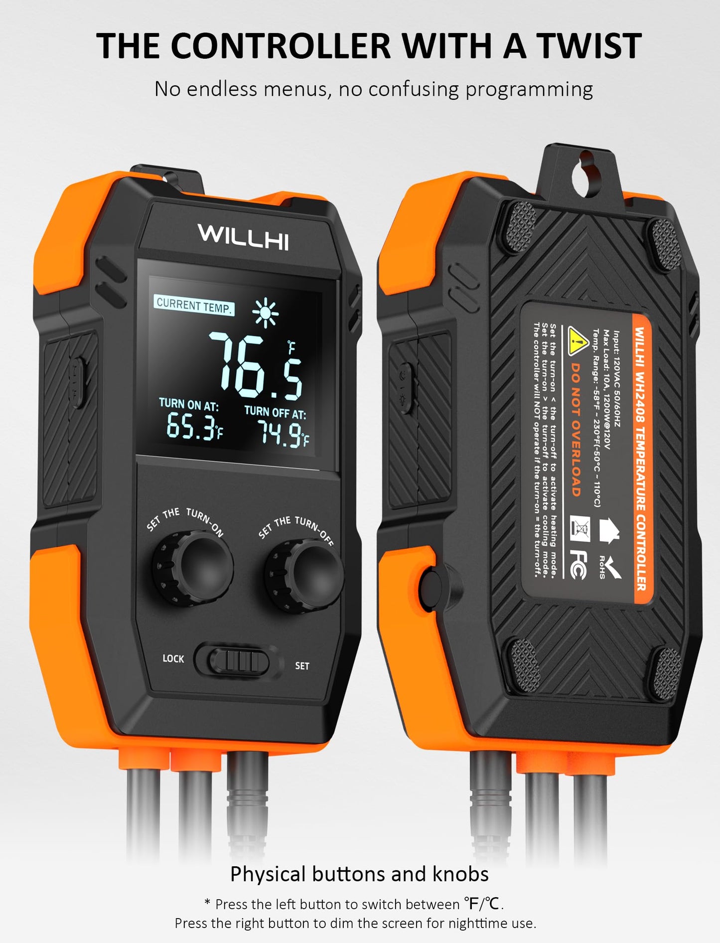 WILLHI WH2408 Temperature Controller 10A 1200W, Digital Thermostat Controlled Outlet Plug Switch for Reptile Terrarium Greenhouse Homebrew Aquarium Seedling Mat, Heating or Cooling Mode (Pack of 2)