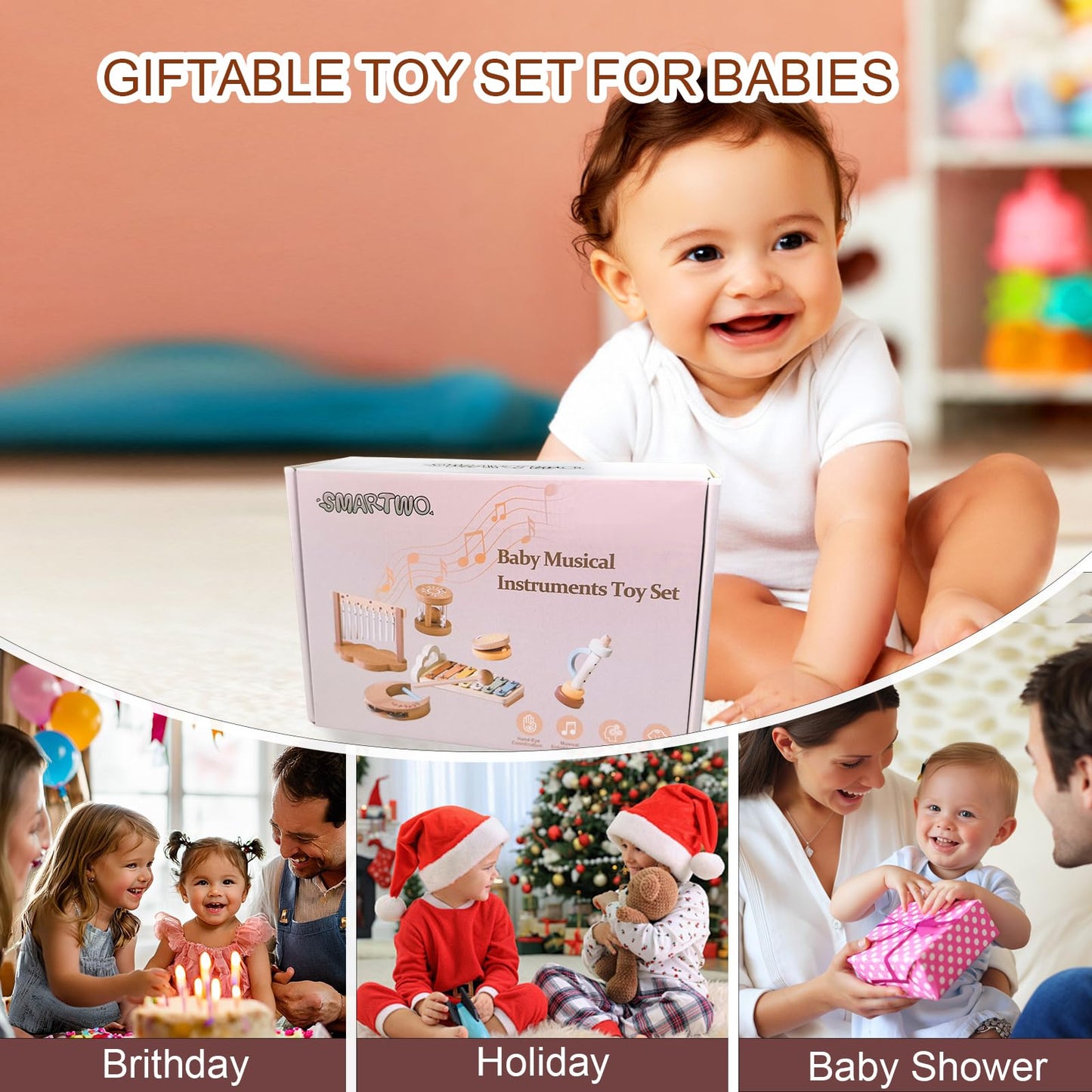 Smartwo Baby Montessori Musical Instruments,Wooden Percussion Xylophone Musical Toys for Toddlers,Sensory Toys for Kids Preschool Educational,Birthday Gift