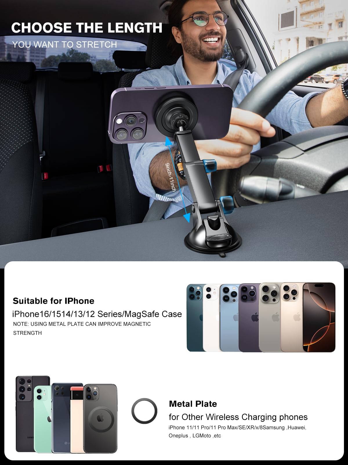 MAGJIEYX for Magnetic Magsafe Car Mount Charger, Wireless Car Charger with Fast Max 36W QC3.0Charging Adapter Retractable Phone Holder Fits iPhone16/15/14/13Plus/MagSafe Case,Dashboard/Vent/Windshield